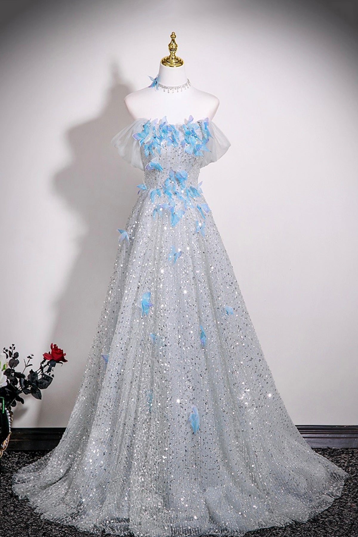 Silver Butterfly Rhinestone Sequins Prom Dress, A-Line Off-The-Shoulde Silver Butterfly Rhinestone Sequins Prom Dress, A-Line Off-The-Shoulde