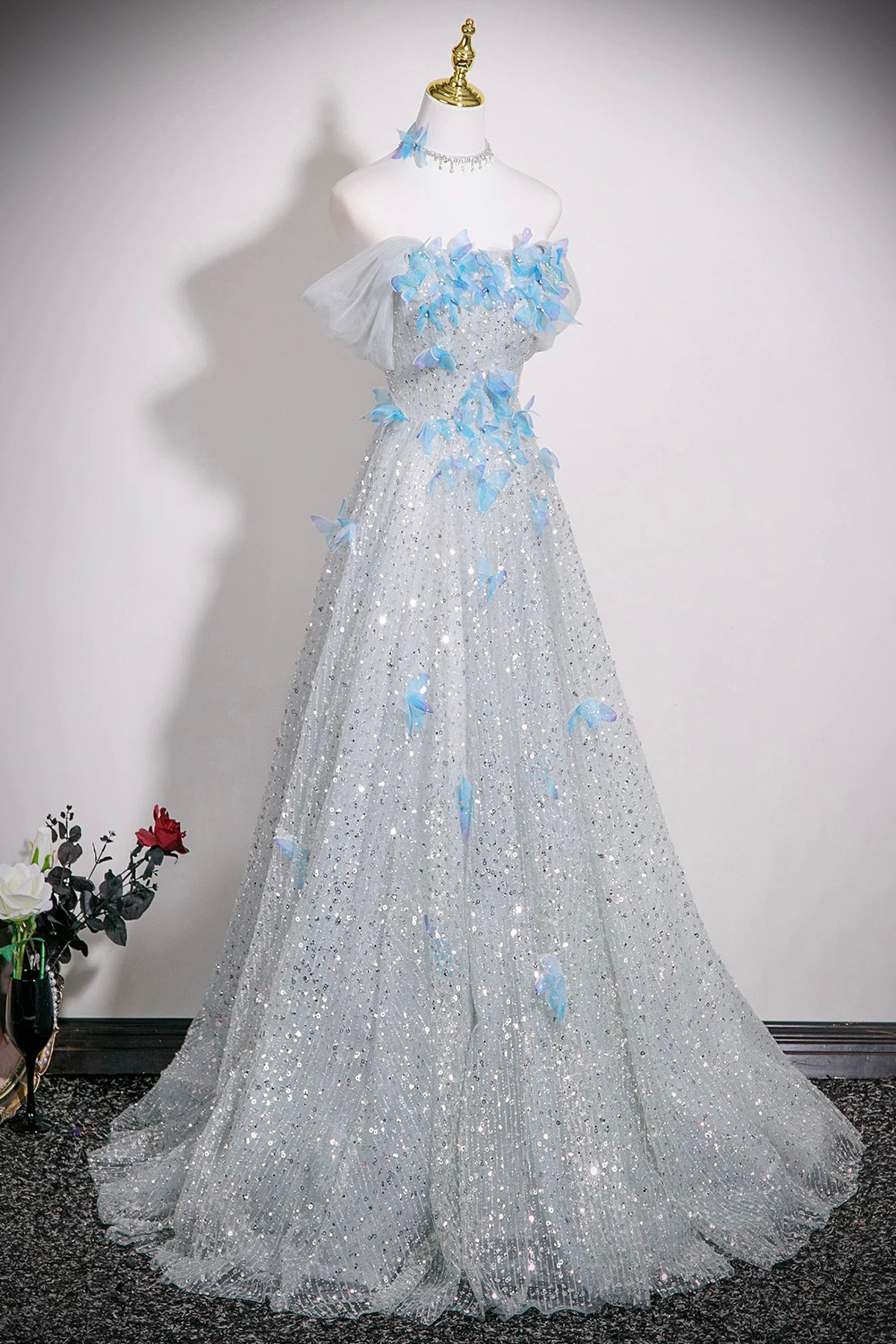 Silver Butterfly Rhinestone Sequins Prom Dress, A-Line Off-The-Shoulder Party Dress