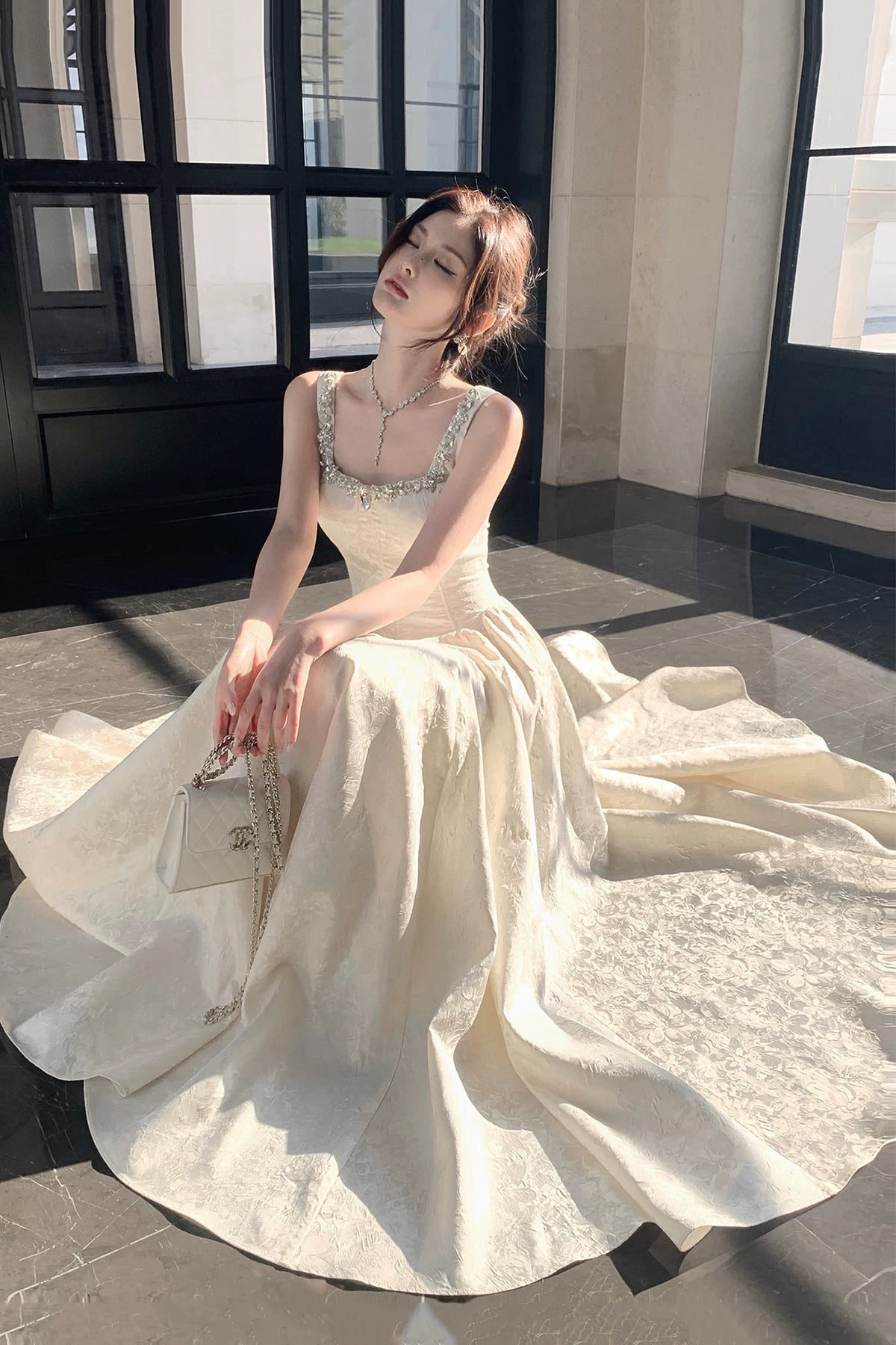 Elegant Square Neck Sleeveless Evening Gown with Rhinestone Embellishments