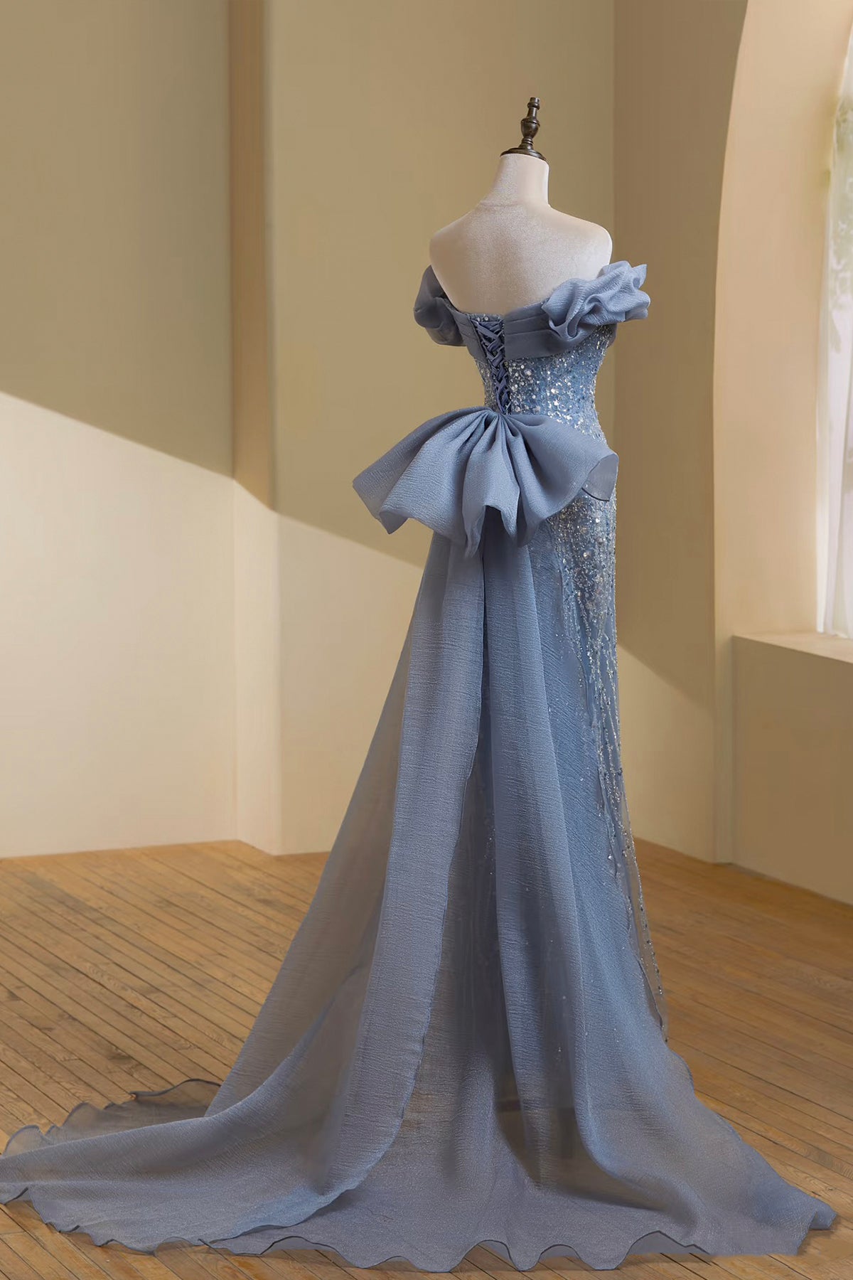 Luxury Beaded Evening Gown Dusty Blue Strapless Mermaid Formal Dress