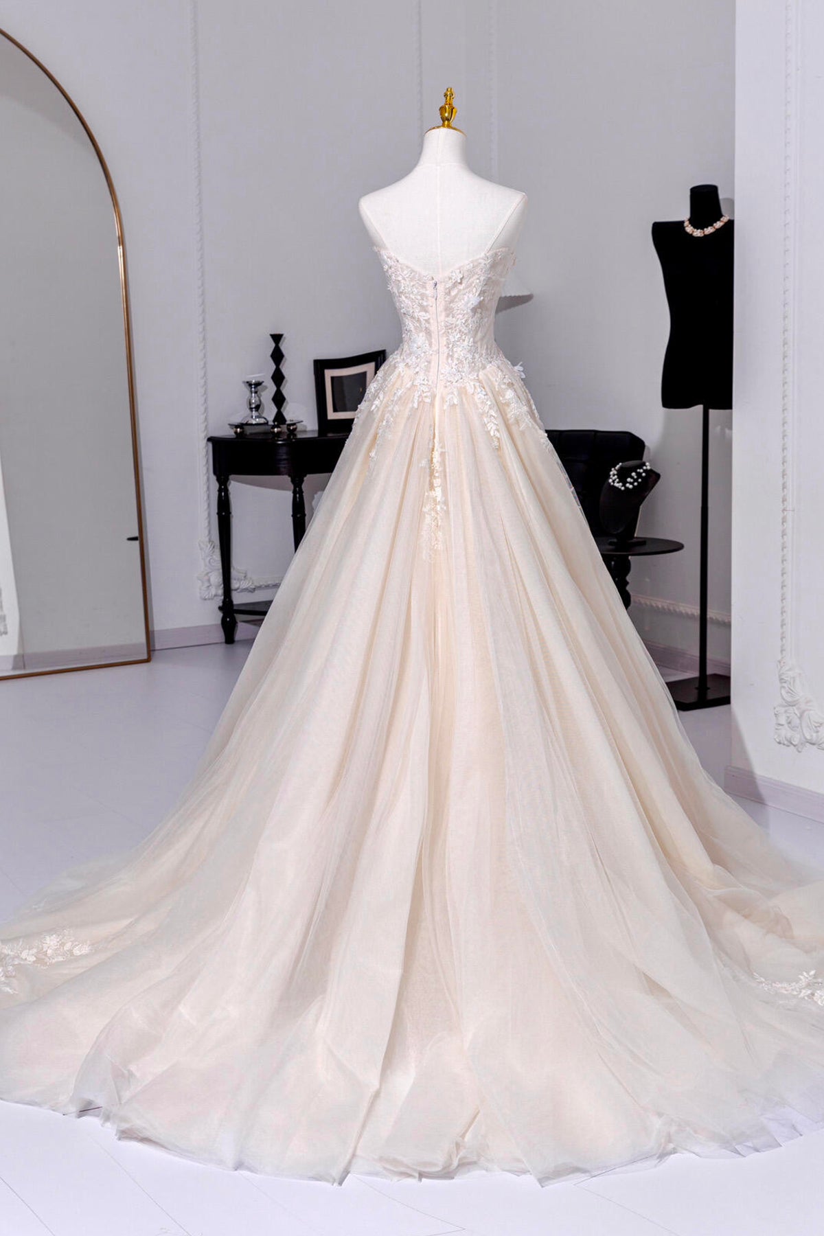 Champagne Tulle Lace Long Prom Dress, Elegant A-Line Strapless Evening Dress