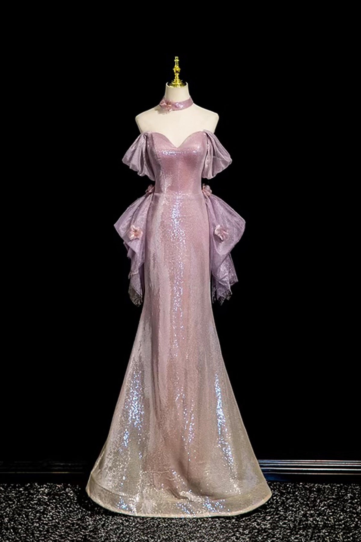 Lilac Glitter Mermaid Evening Dress Off Shoulder Ruffle Detailing Floor Length Party Gown