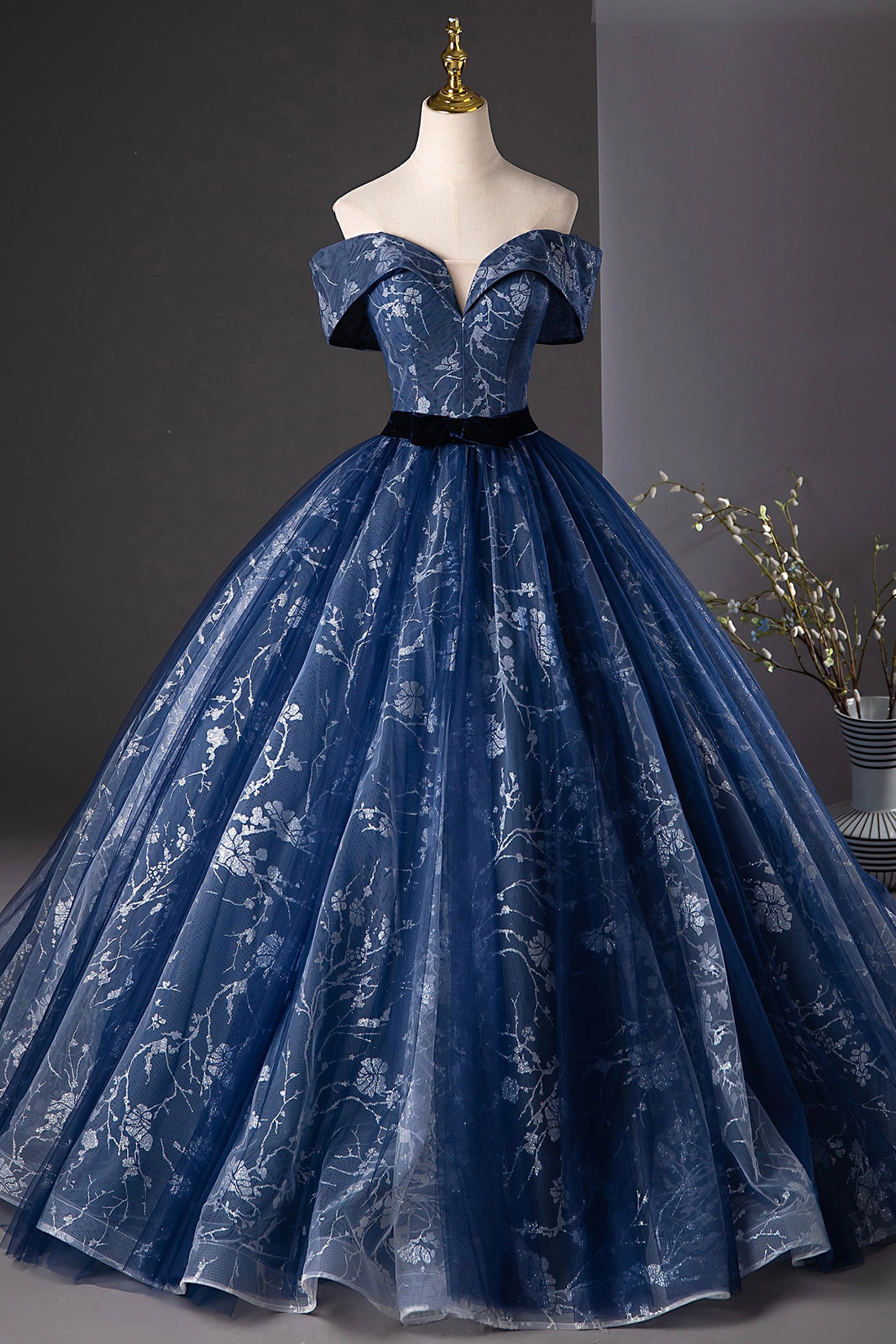 Navy Blue Glitter Printing Tulle Long Prom Dress, Elegant A-Line Party Navy Blue Glitter Printing Tulle Long Prom Dress, Elegant A-Line Party