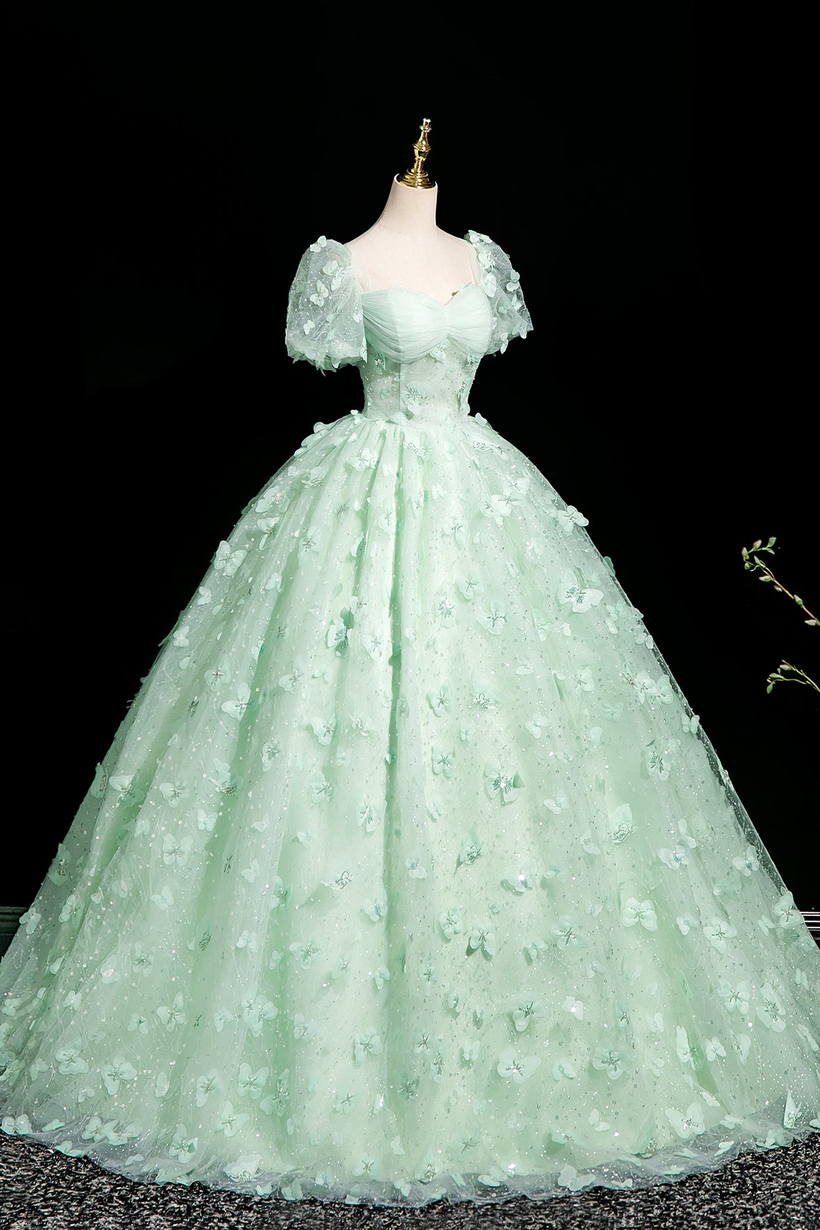 Green Tulle Butterfly Long A-Line Prom Dress, Beautiful Short Sleeve Evening Dress