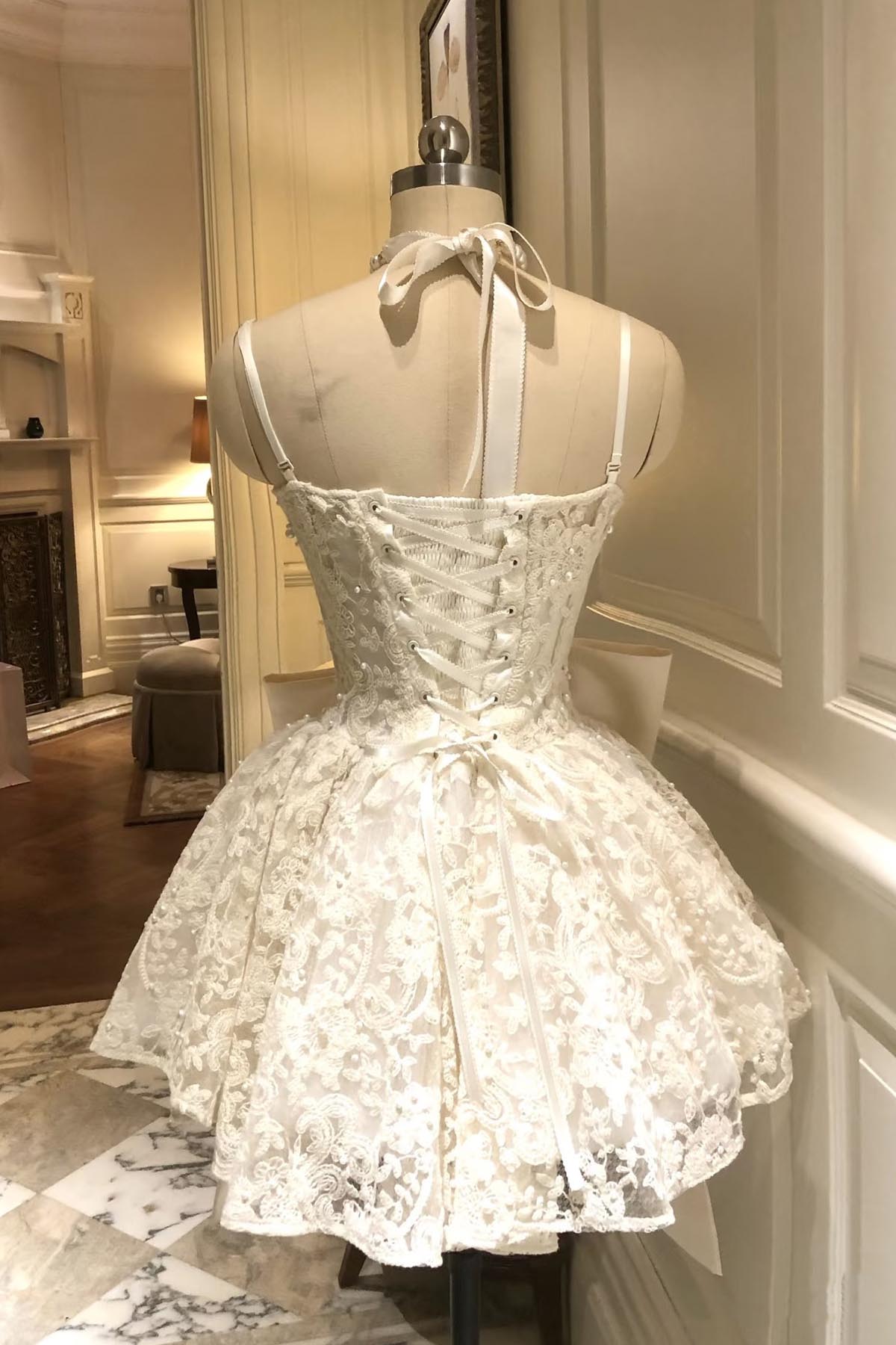 Charming Lace Short/Mini Party Dress, White A-Line Backless Evening Dress with Bow