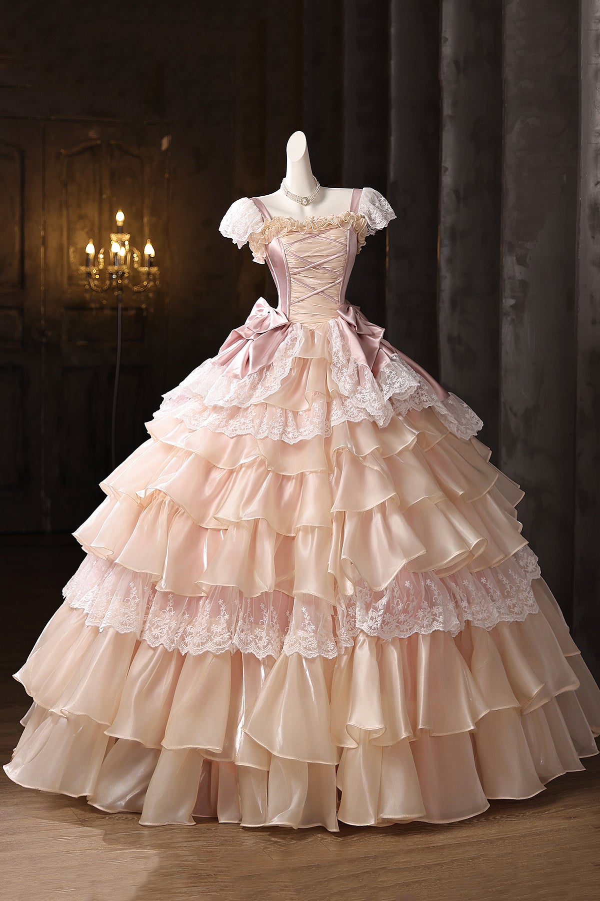 Retro Pink Ruffles Lace Flower Prom Dresses, A-Line Square Neckline Short Sleeve Formal Dresses