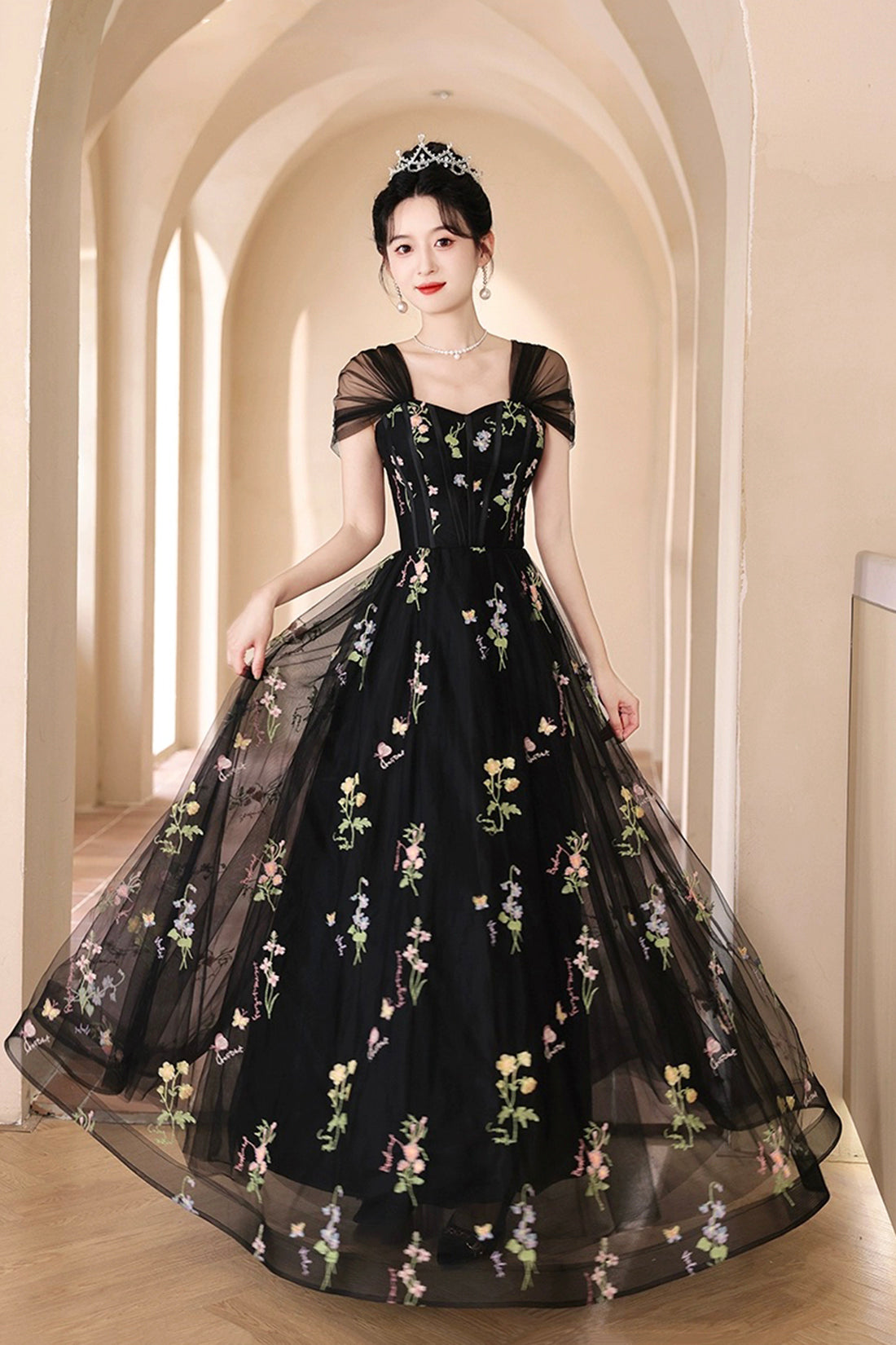 sachin and babi light blue dress Halter Neckline Black Long Tulle Prom Dresses, Black Formal Evening Dr –  DressTok.co.uk main image 1