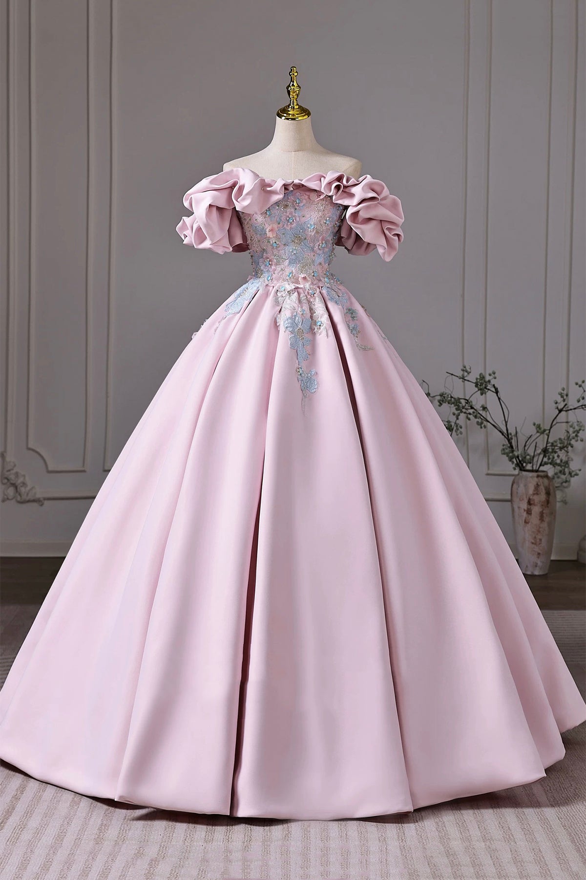 Pink Off the Shoulder Satin Lace Long Prom Dress, Pink A-Line Party Formal Dress