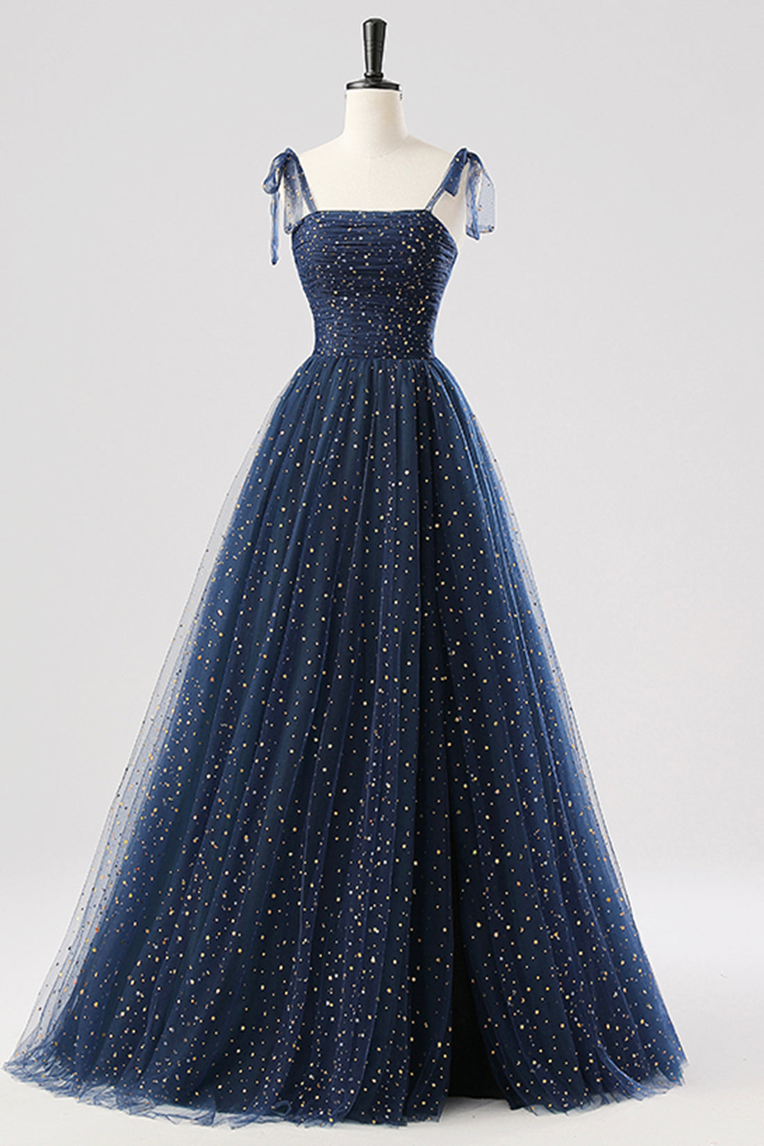 Navy Spaghetti Strap Tulle Long Prom Dress, A-Line Backless Evening Party Dress