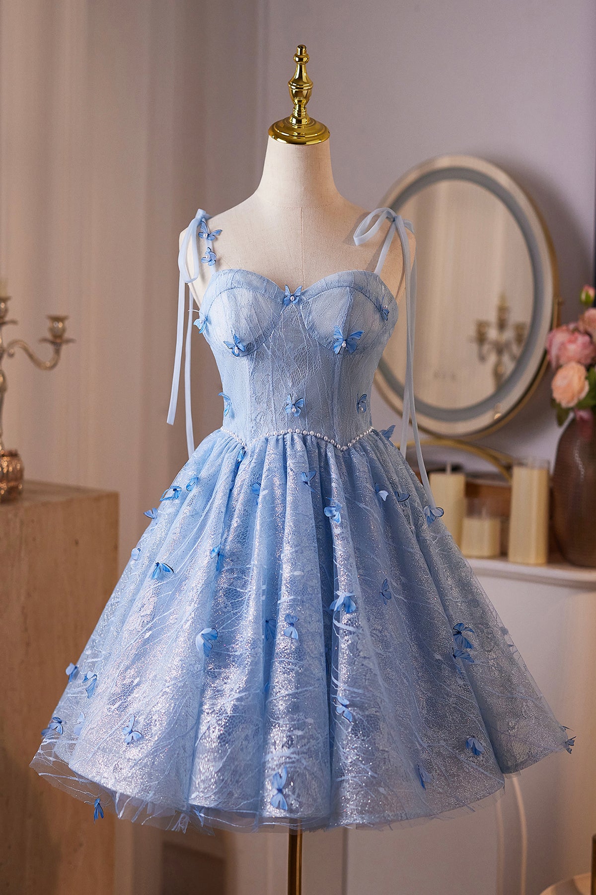 open lace back dress Light Blue Off The Shoulder Embroidered Butterfly Prom Dress,A Line Pa –  winkbridal main image 0