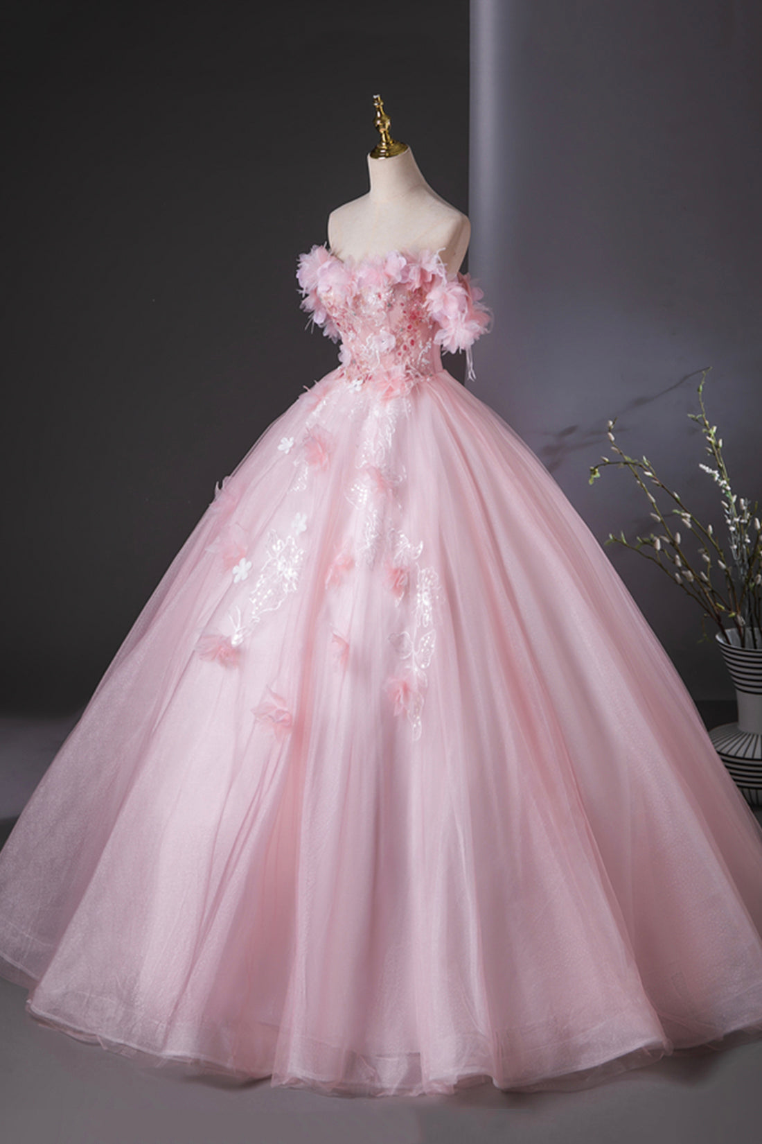 Pink Tulle Lace and Flowers Ball Gown Formal Dresses, Pink Long Sweet 16 Dresses
