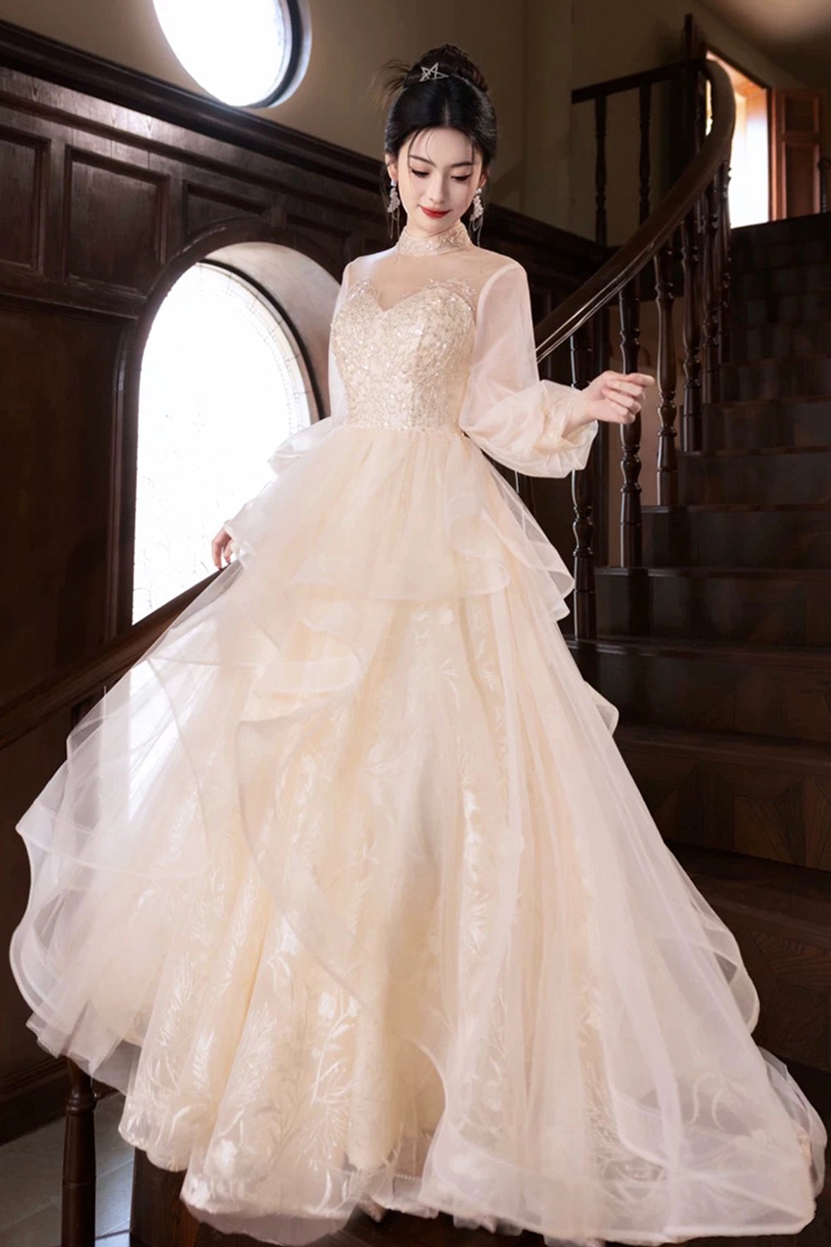 Champagne Tulle Lace Long Prom Dress, Beautiful Long Sleeve Evening Party Dress