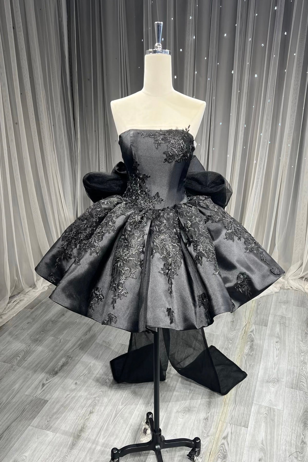 Black Satin Lace Short Prom Dress, Cute A-Line Knee Length Party Dress