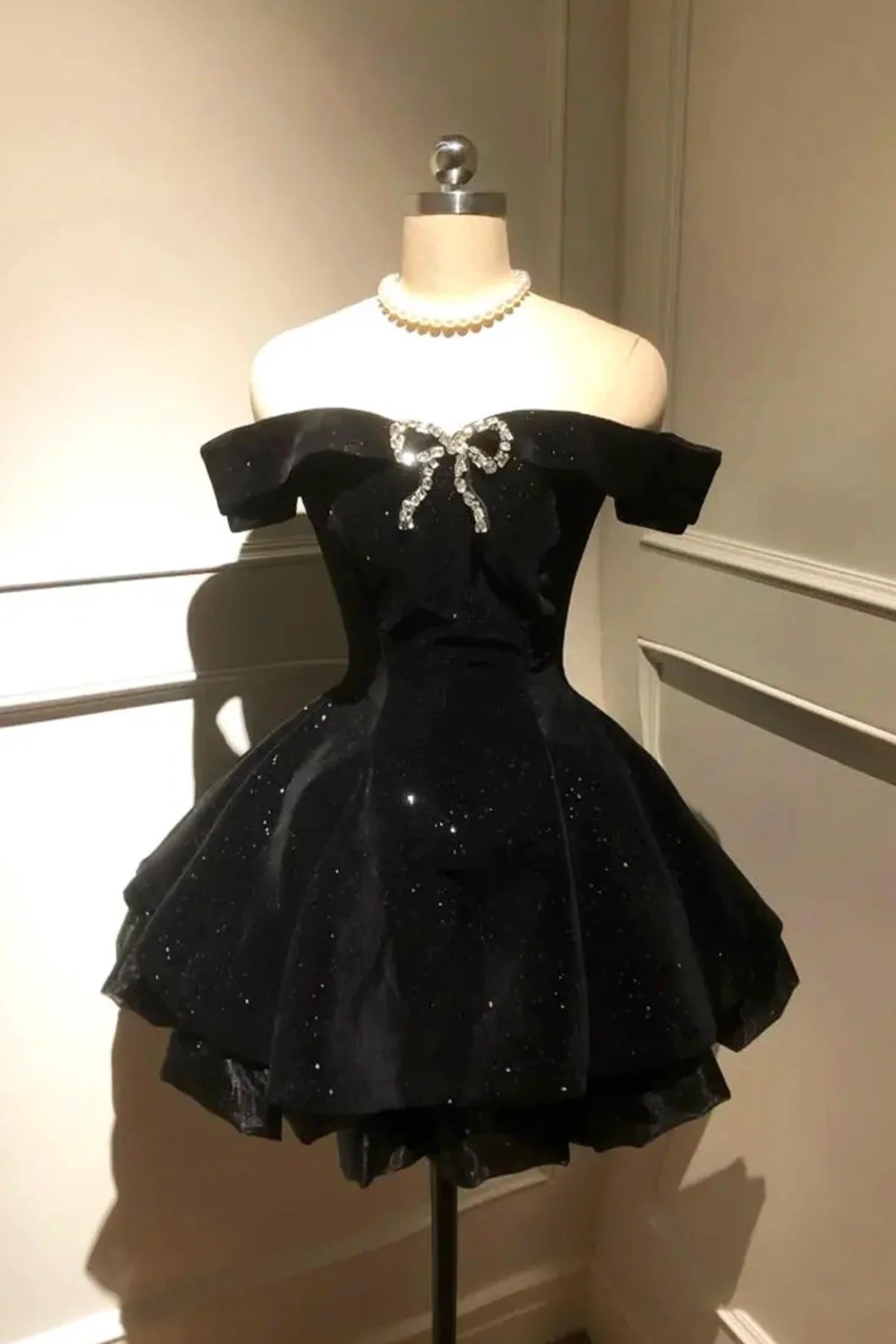 Black Velvet Short Prom Dress with Bow, Black A-Line Mini Party Dress Black Velvet Short Prom Dress with Bow, Black A-Line Mini Party Dress