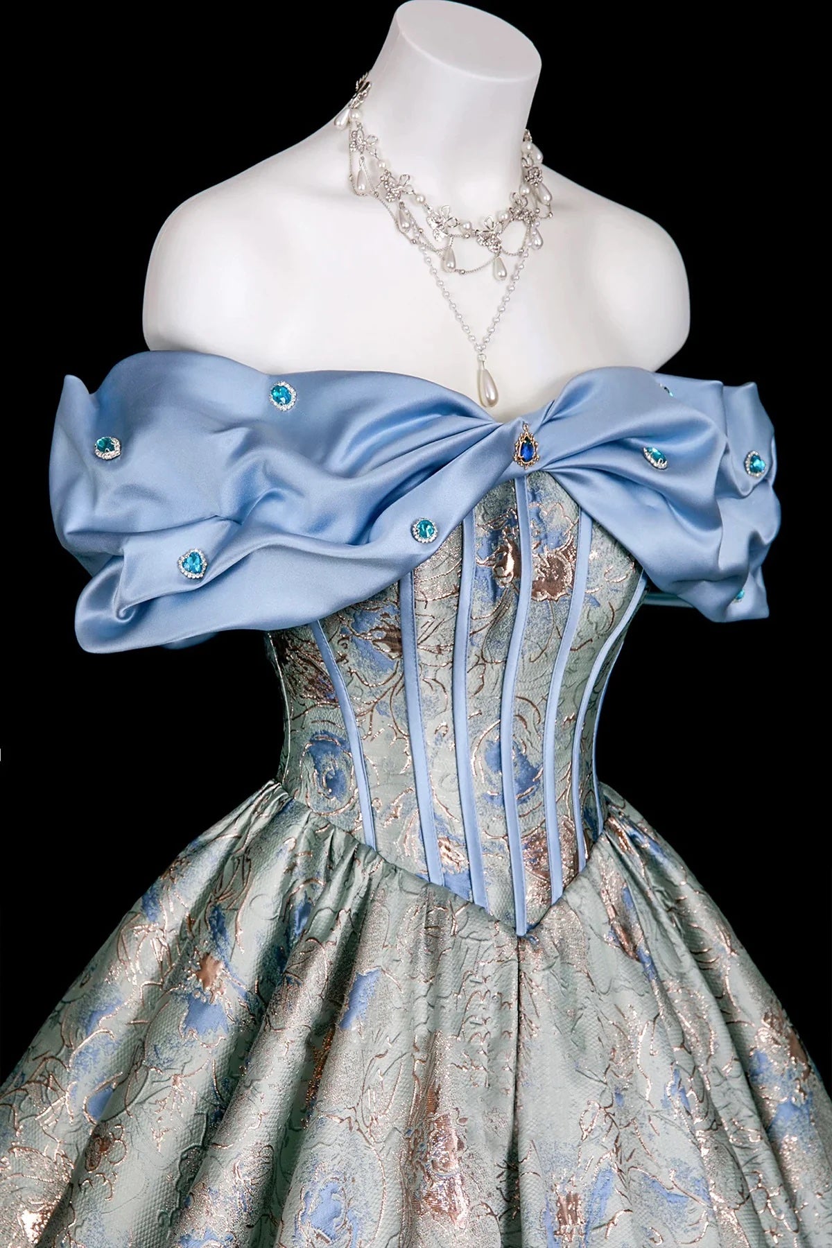 Blue Metallic Floral Ball Gown | Off Shoulder Sweet 16 Prom Dress