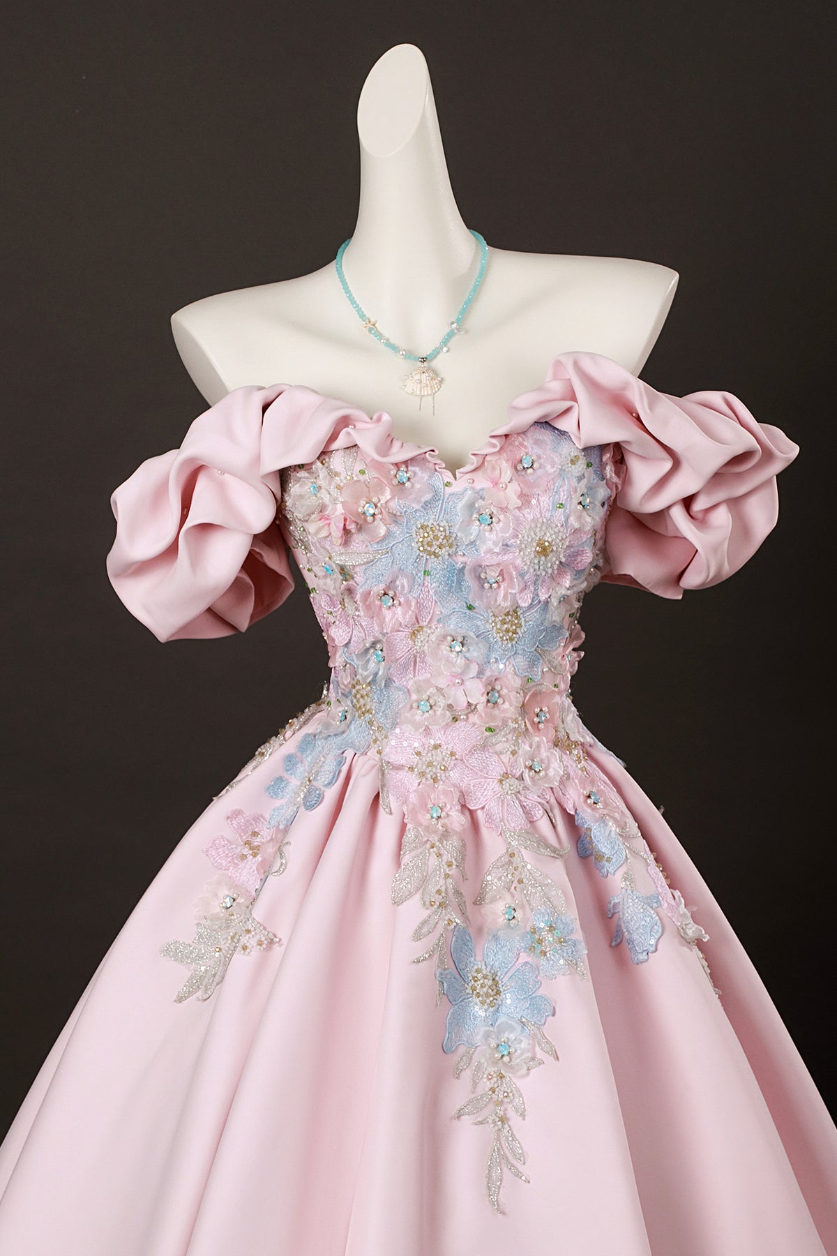 Candy Pink Satin Lace Long Prom Dress, Lovely A-Line Off the Shoulder Evening Party Dress