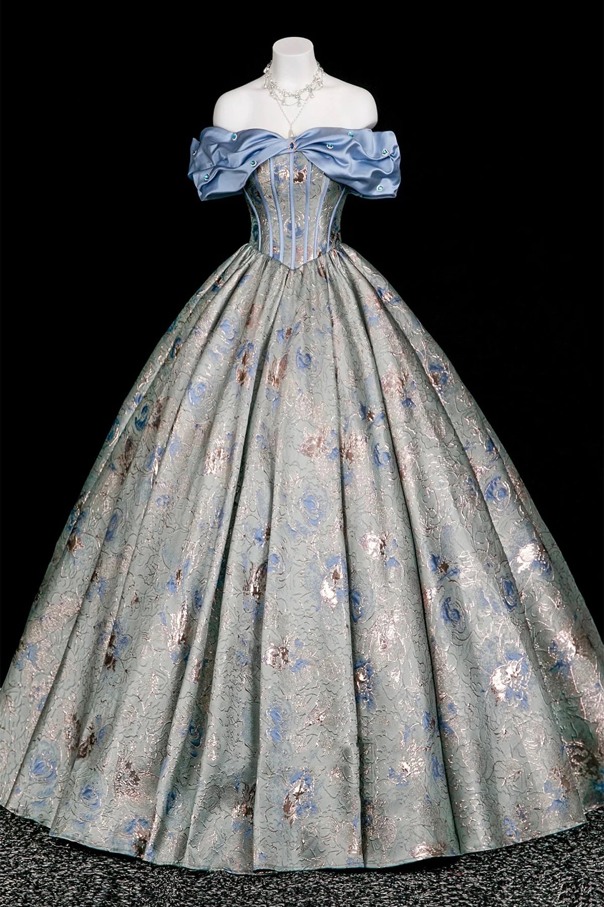 Blue Metallic Floral Ball Gown | Off Shoulder Sweet 16 Prom Dress