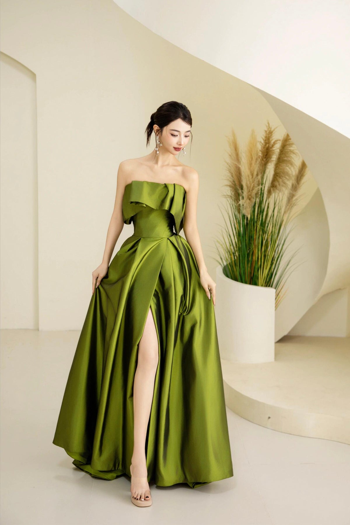 Green Satin Long Prom Dress, Cute A-Line Off the Shoulder Evening Dress