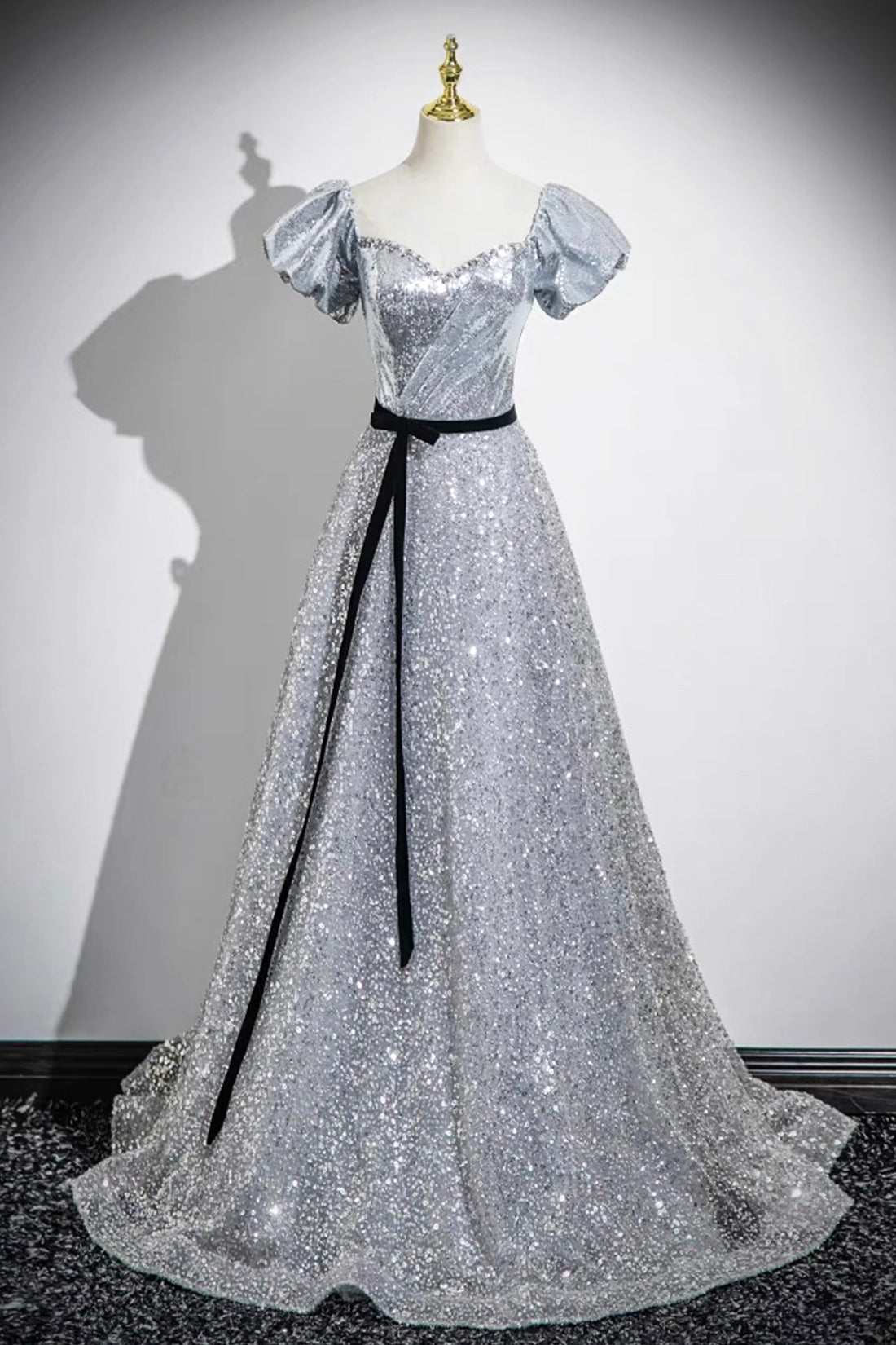 Silver Sequins Floor Length Short Sleeve Prom Dress, Sparkly A-Line Of Silver Sequins Floor Length Short Sleeve Prom Dress, Sparkly A-Line Of