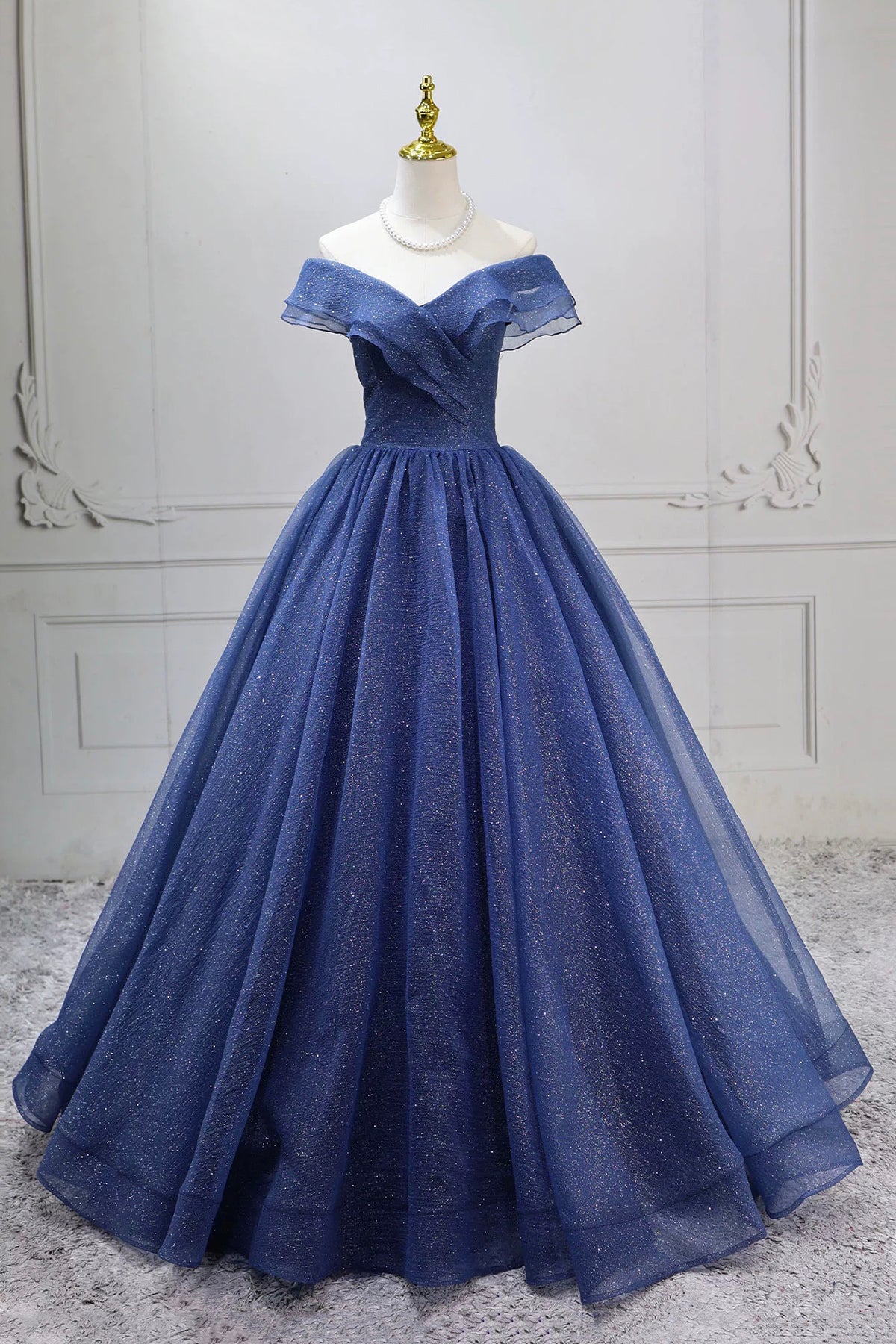 Navy Blue Glitter Tulle Ball Gown Off Shoulder Sweetheart Evening Dress