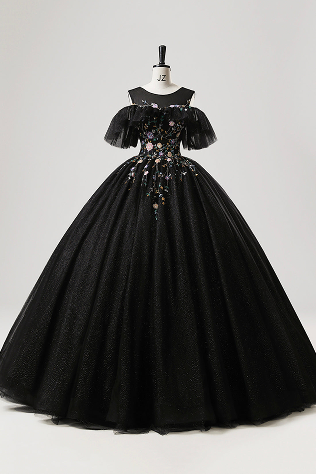 Black Tulle Beaded Long Party Dress, A-line Black Formal Dress Prom Dress