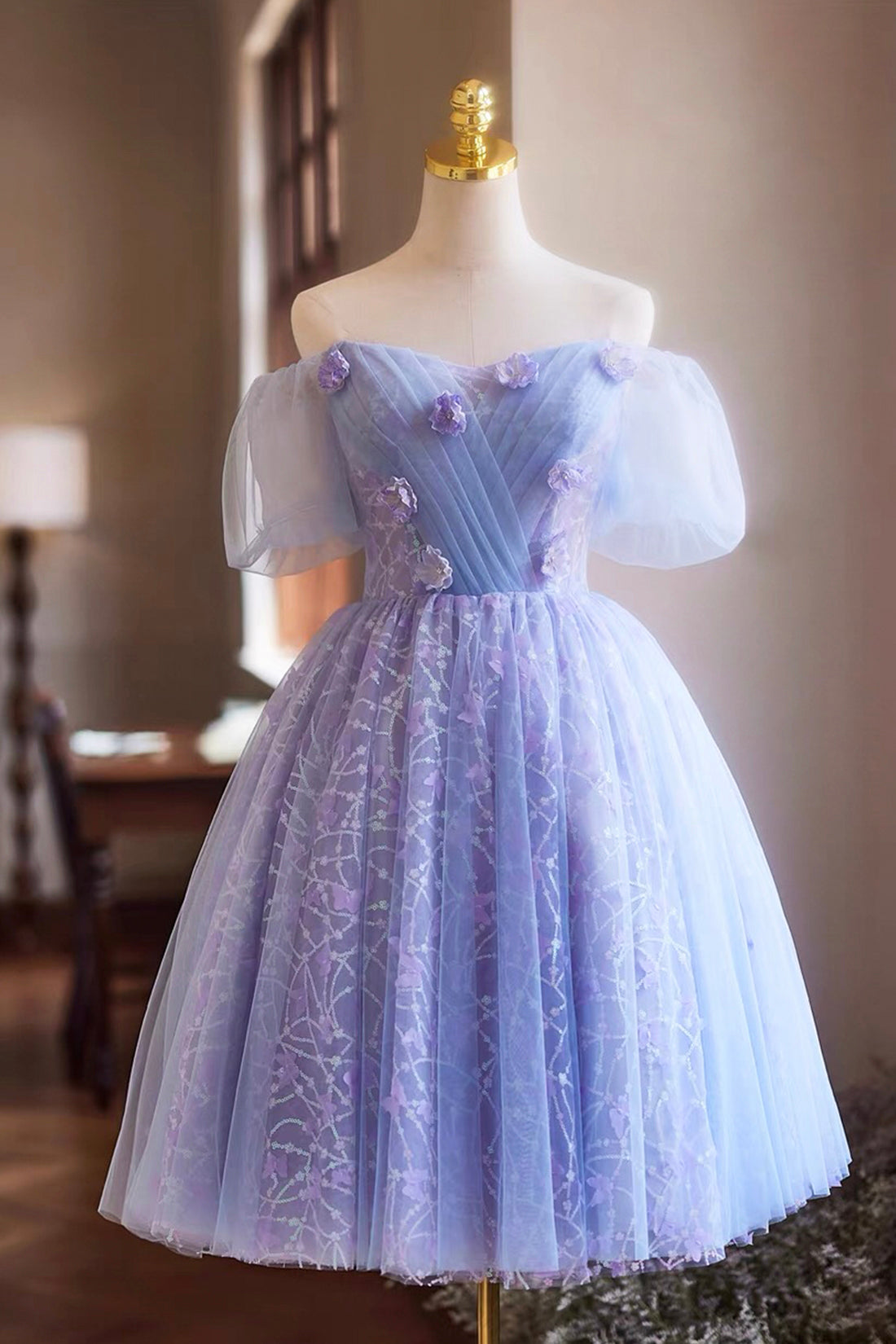 Purple Tulle Knee Length Prom Dress, Lovely Off the Shoulder Party Dre