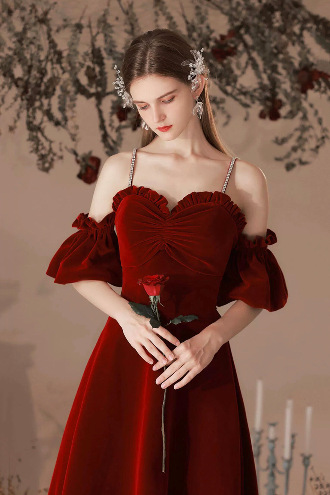 Burgundy Velvet Floor Length Prom Dress, Burgundy A-Line Spaghetti Strap Evening Dress