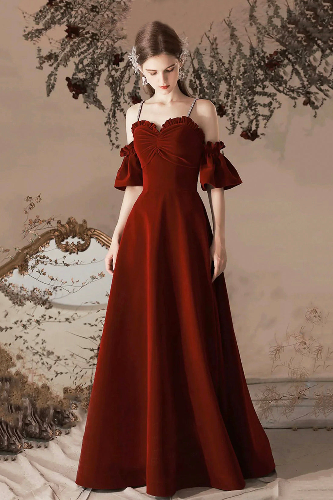 Burgundy Velvet Floor Length Prom Dress, Burgundy A-Line Spaghetti Strap Evening Dress