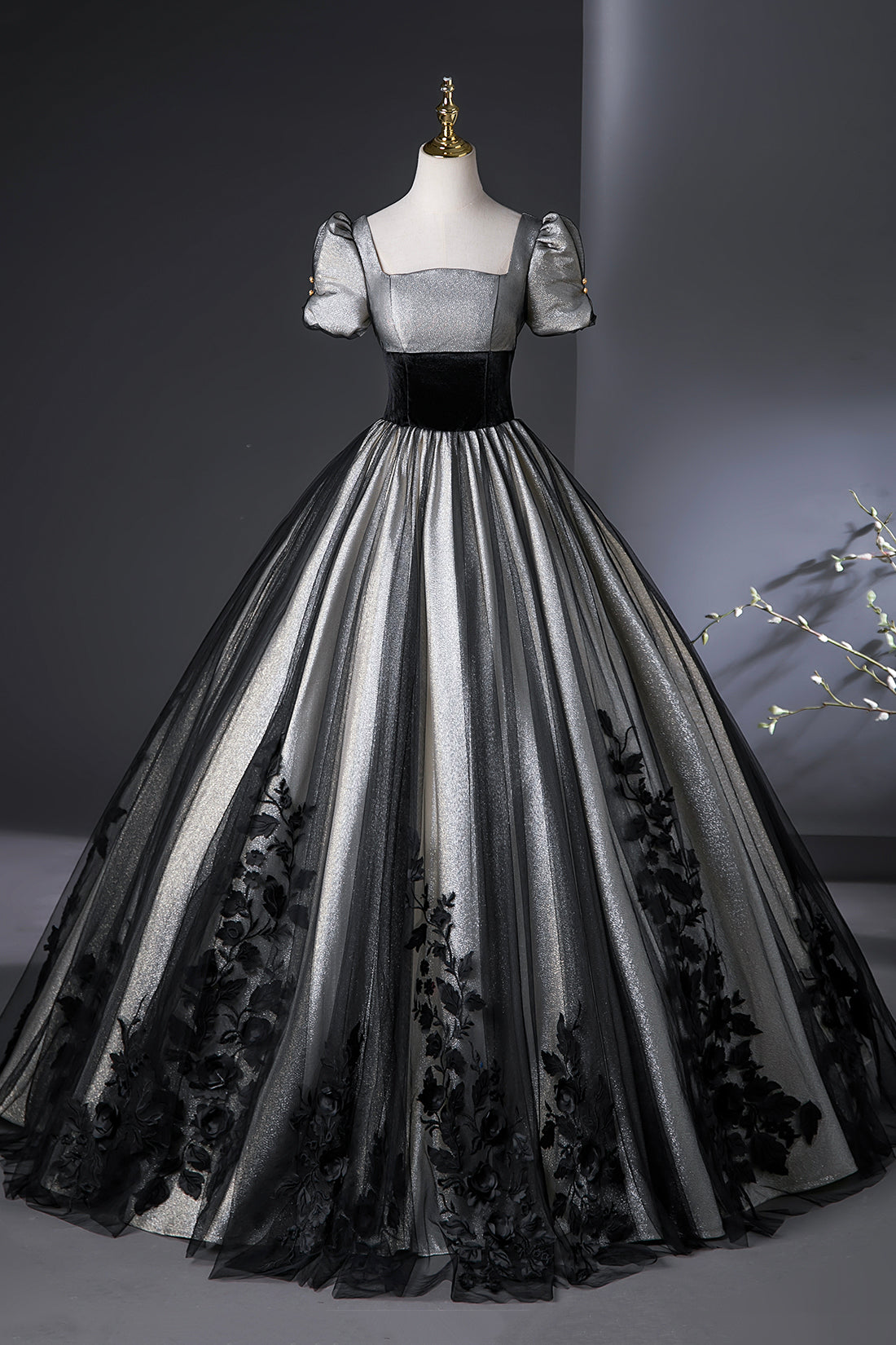 Elegant Black and Silver Lace Long Prom Dress, A-Line Square Neck Part Elegant Black and Silver Lace Long Prom Dress, A-Line Square Neck Part