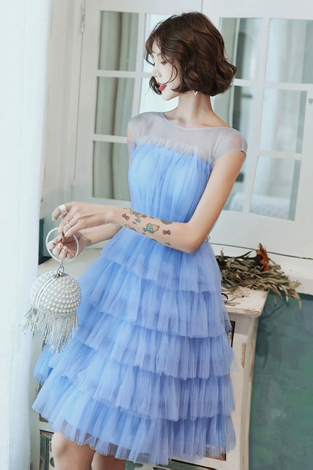 Blue Tulle Short Prom Dress, Cute Round Neck Layered Blue Party Dress
