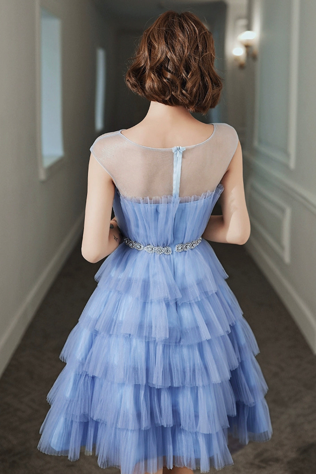 Blue Tulle Short Prom Dress, Cute Round Neck Layered Blue Party Dress