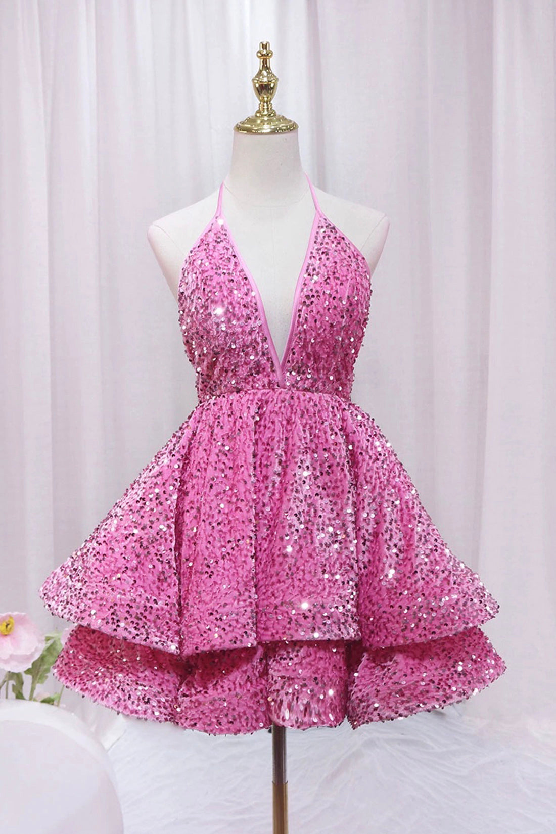 Pink V-Neck Sequins Short Prom Dress, Pink A-Line Backless Party Dress Pink V-Neck Sequins Short Prom Dress, Pink A-Line Backless Party Dress