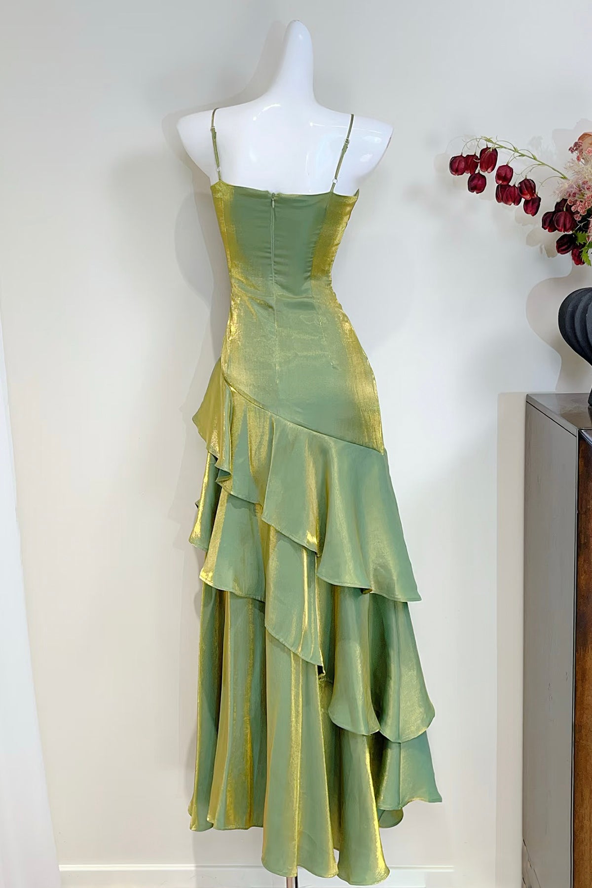 Green Satin Long Prom Dress, Mermaid Spaghetti Strap Party Dress