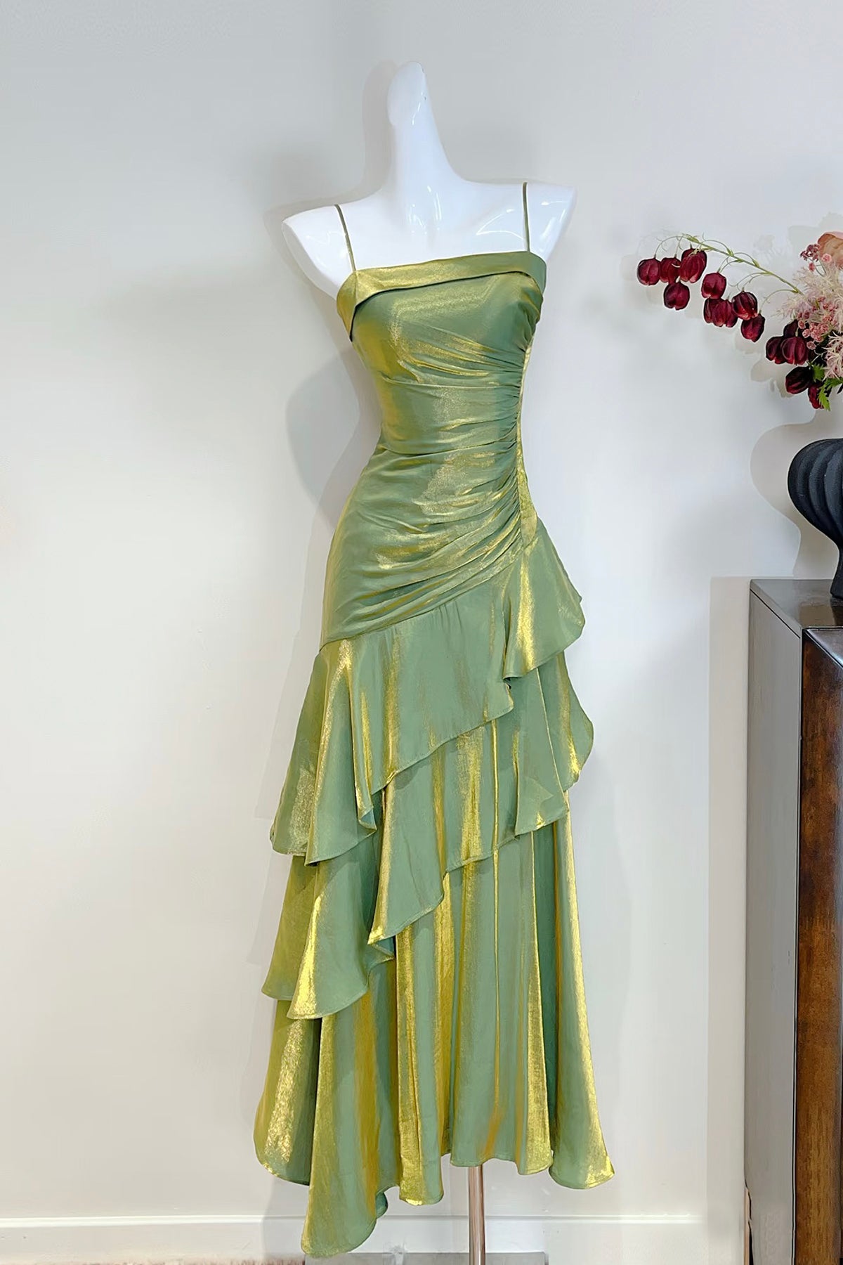 Green Satin Long Prom Dress, Mermaid Spaghetti Strap Party Dress