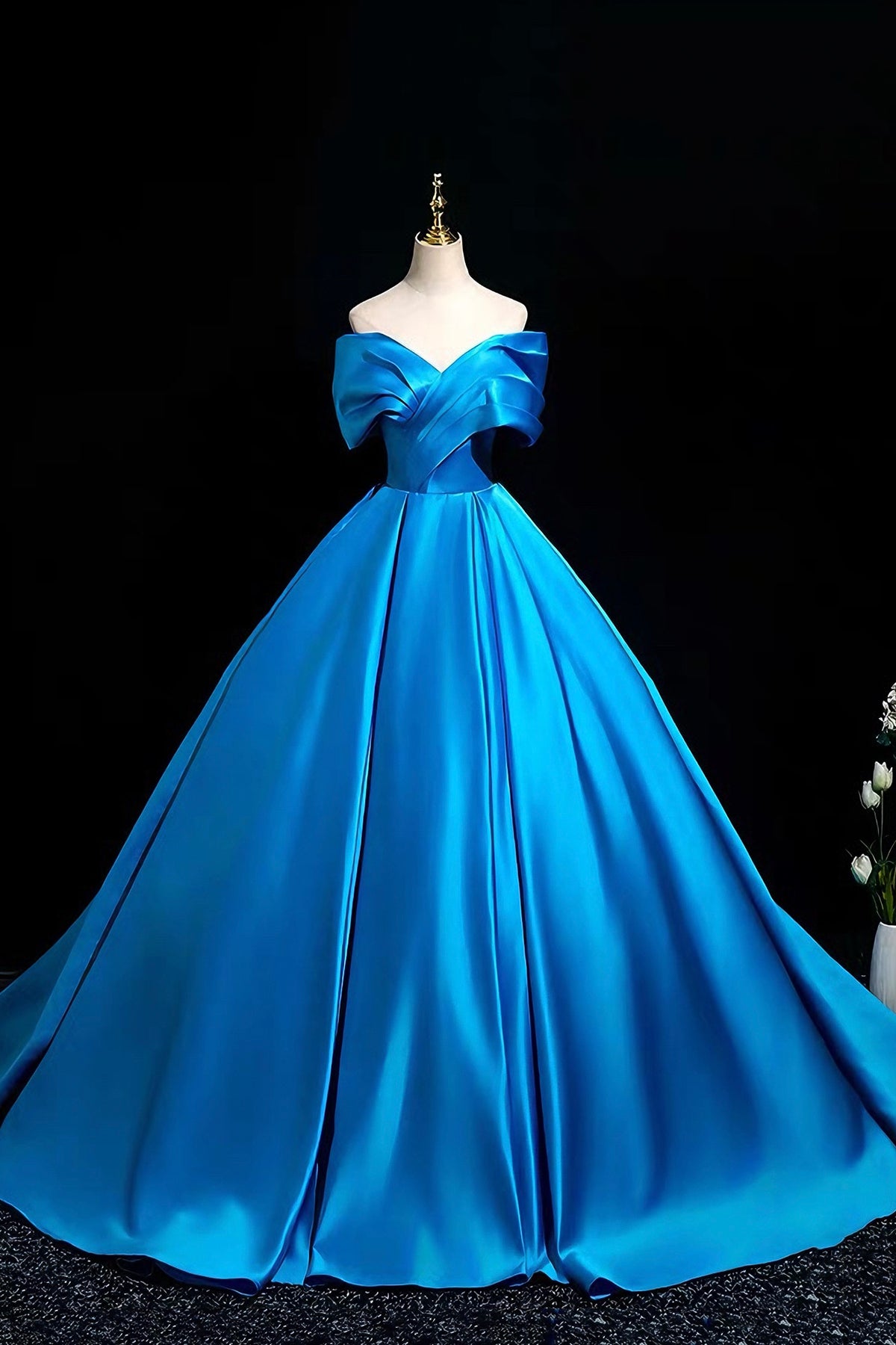 A-Line Satin Off-the-Shoulder Ballgown with Dramatic Bow, Blue Formal Evening Gown