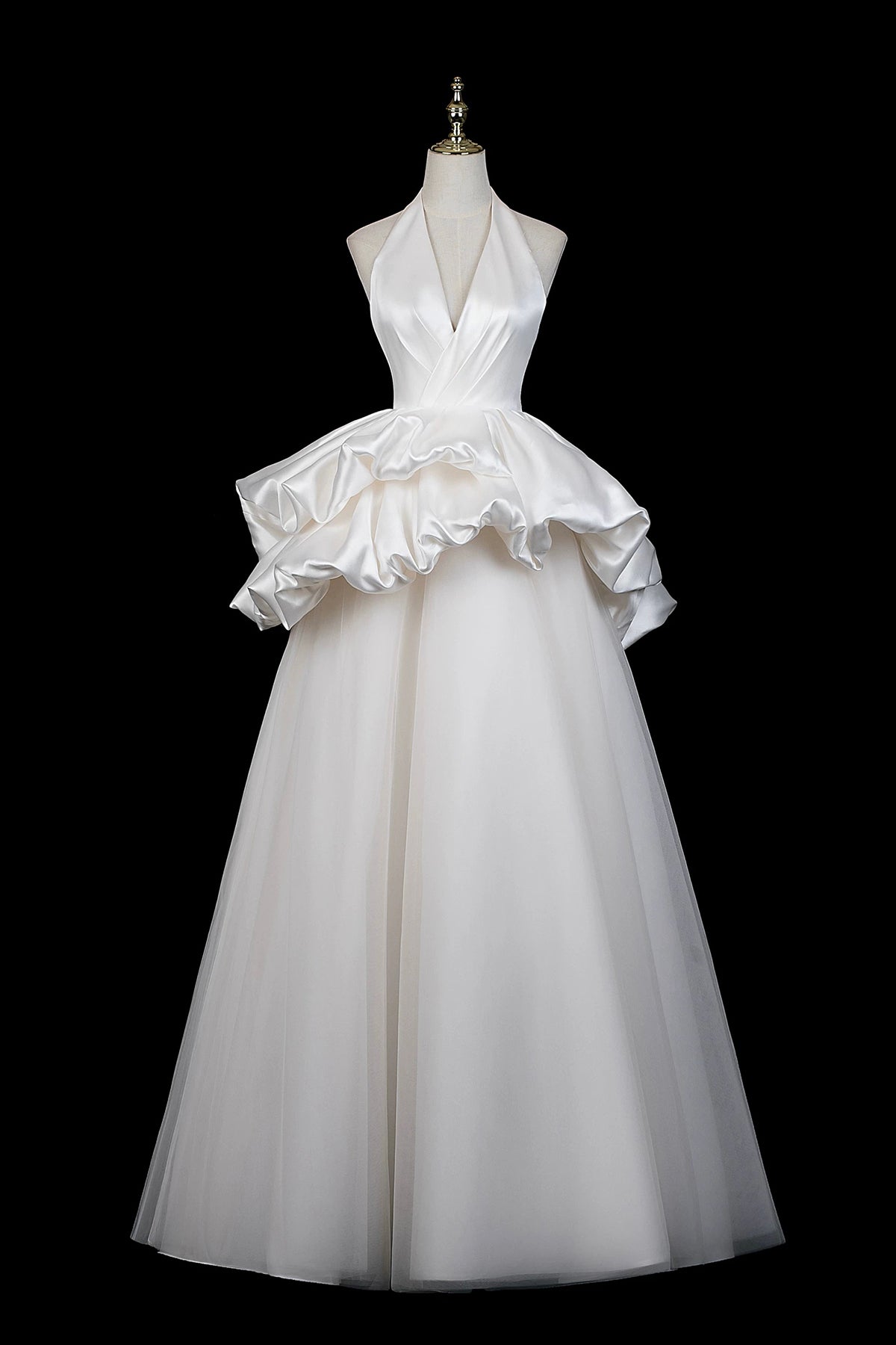 White Halter Satin Ruffled Ball Gown Wedding Dress