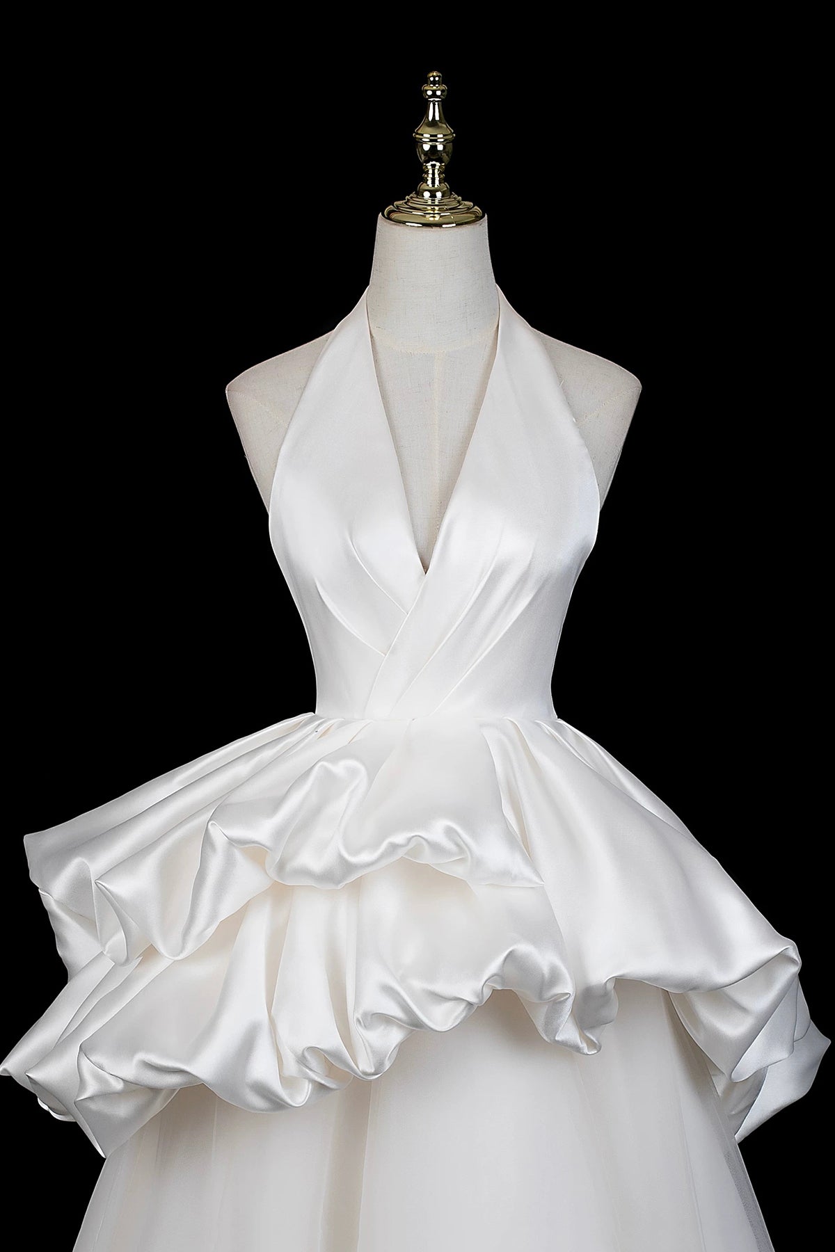 White Halter Satin Ruffled Ball Gown Wedding Dress
