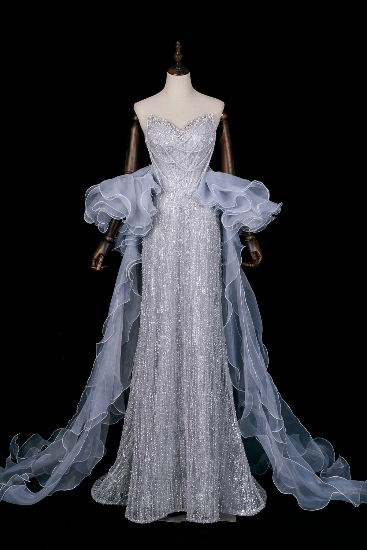 Gray Blue Strapless Sequin Mermaid Evening Gown with Ruffled Tulle Cape