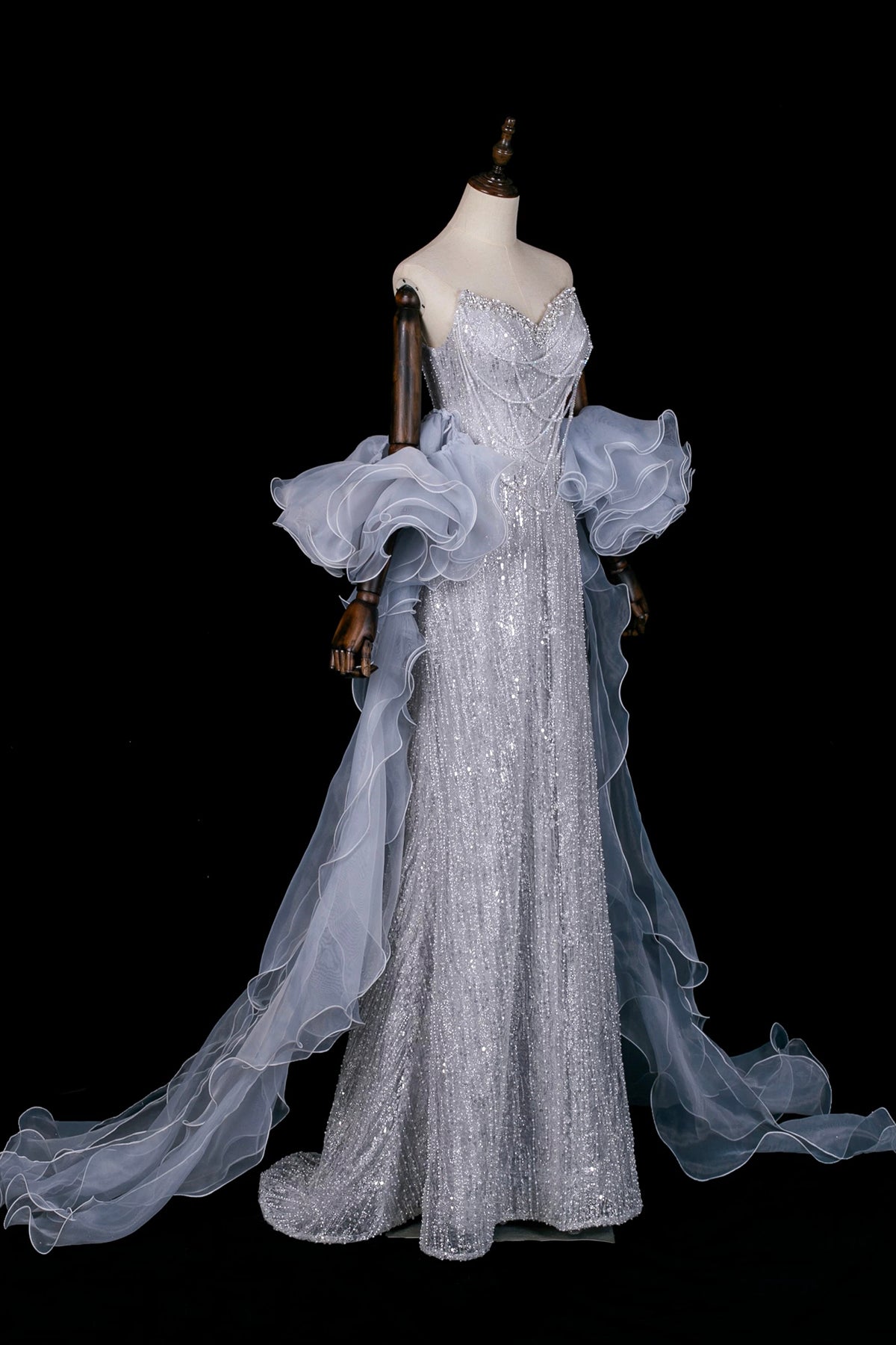 Gray Blue Strapless Sequin Mermaid Evening Gown with Ruffled Tulle Cape