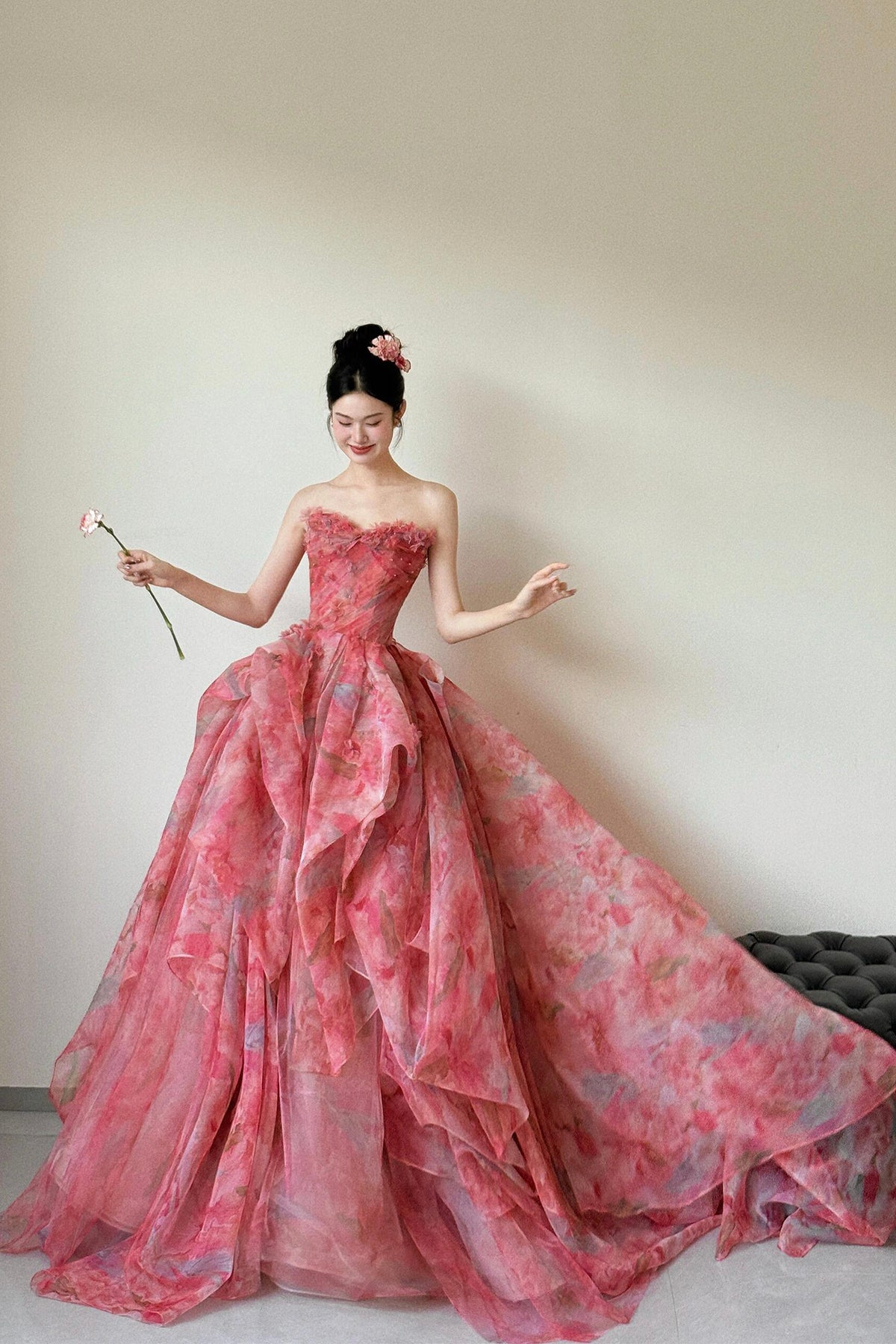 Red Floral Print Long Prom Dress, A-Line Strapless Evening Dress