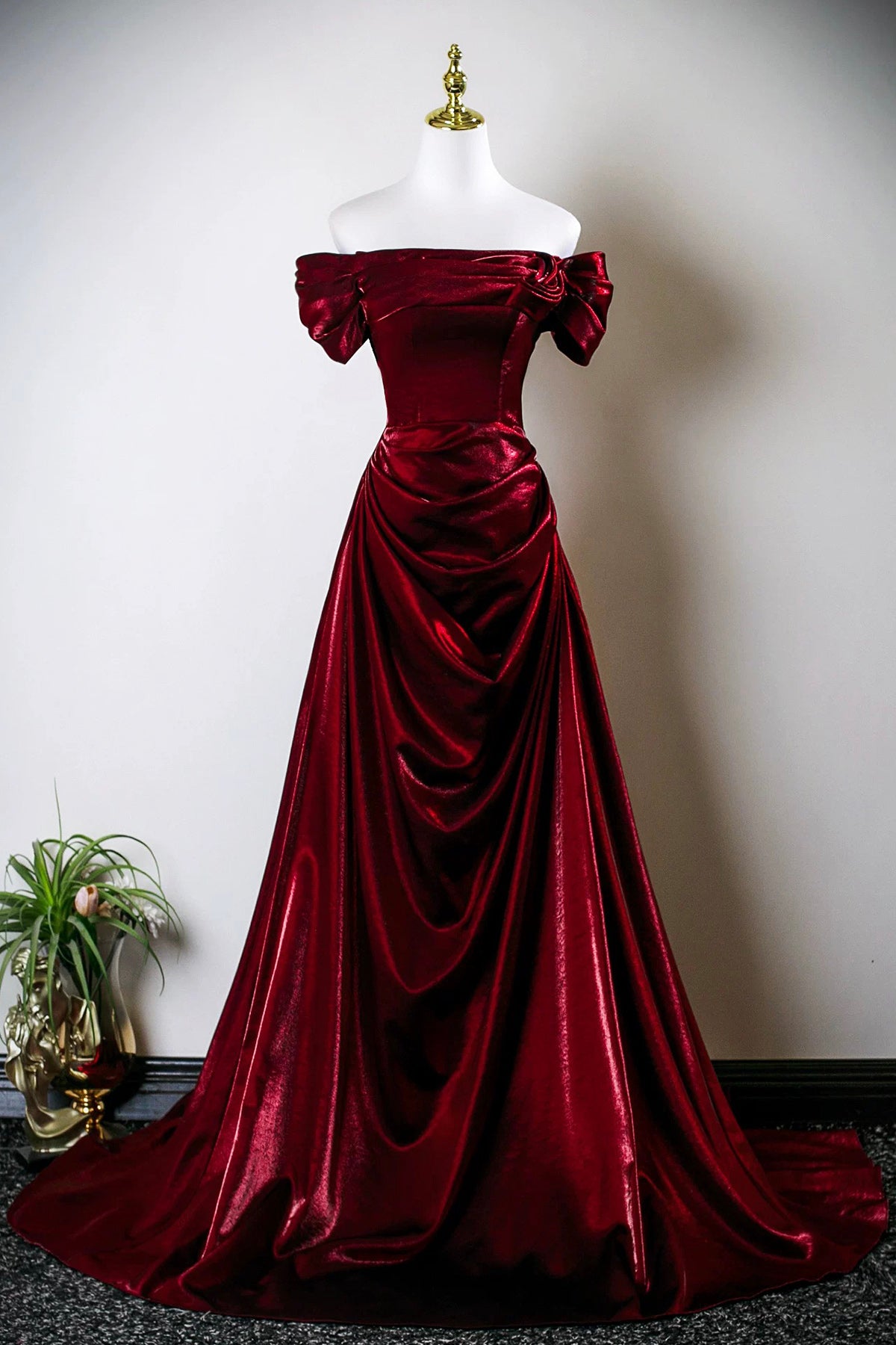 Burgundy Satin Long Prom Dress, Off the Shoulder Evening Party Dress