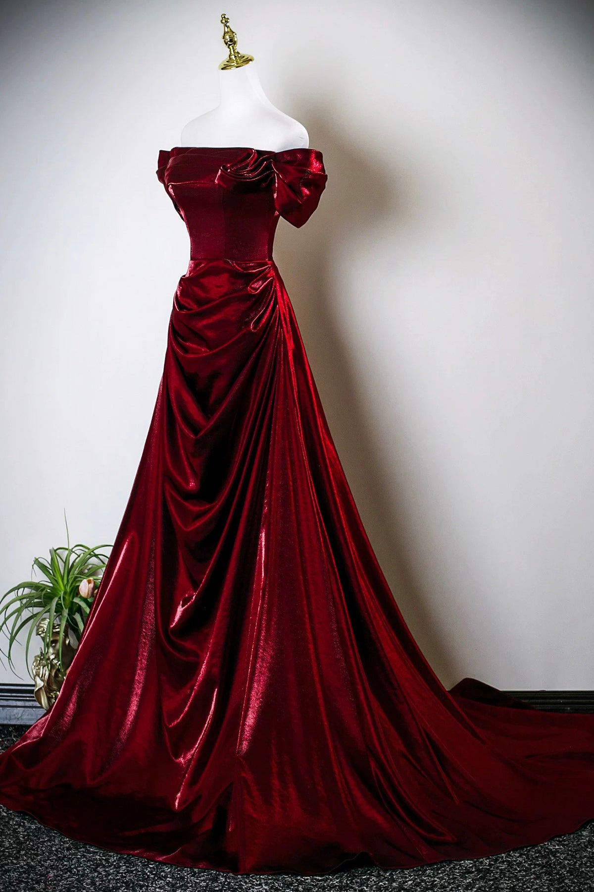 Burgundy Satin Long Prom Dress, Off the Shoulder Evening Party Dress