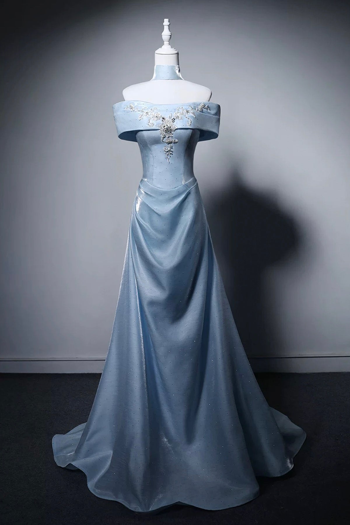 Blue Off-the-Shoulder Satin A-Line Prom Formal Gown