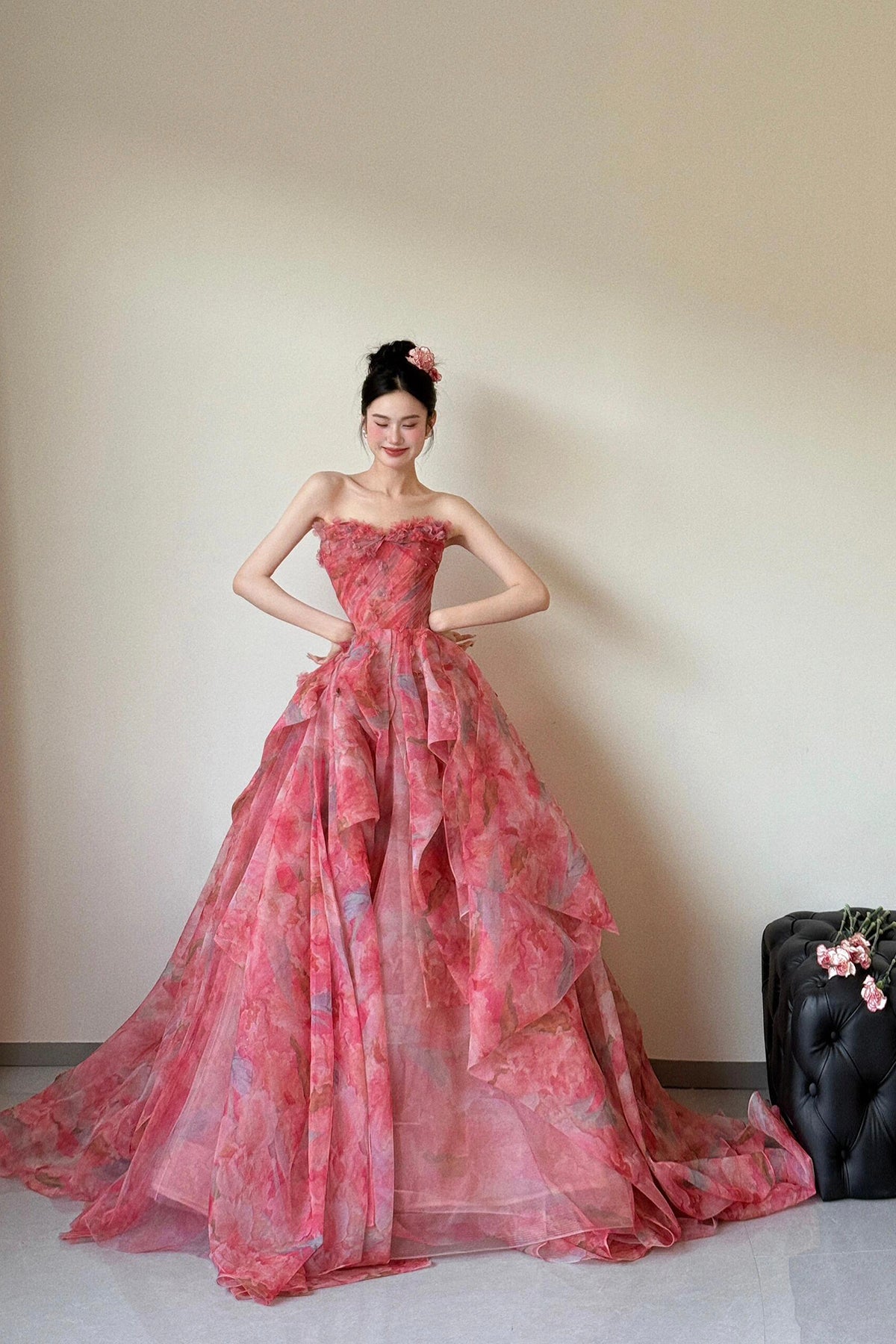 Red Floral Print Long Prom Dress, A-Line Strapless Evening Dress