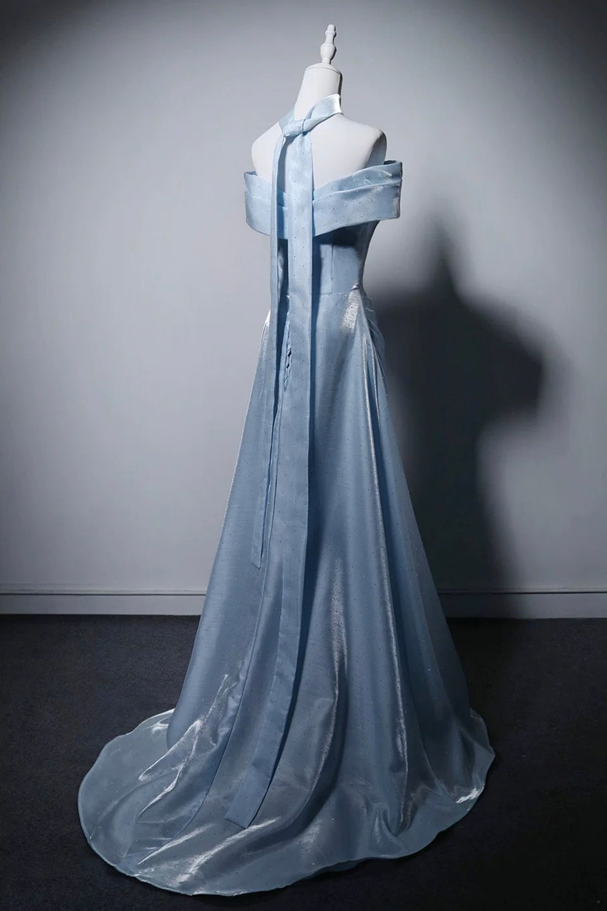Blue Off-the-Shoulder Satin A-Line Prom Formal Gown