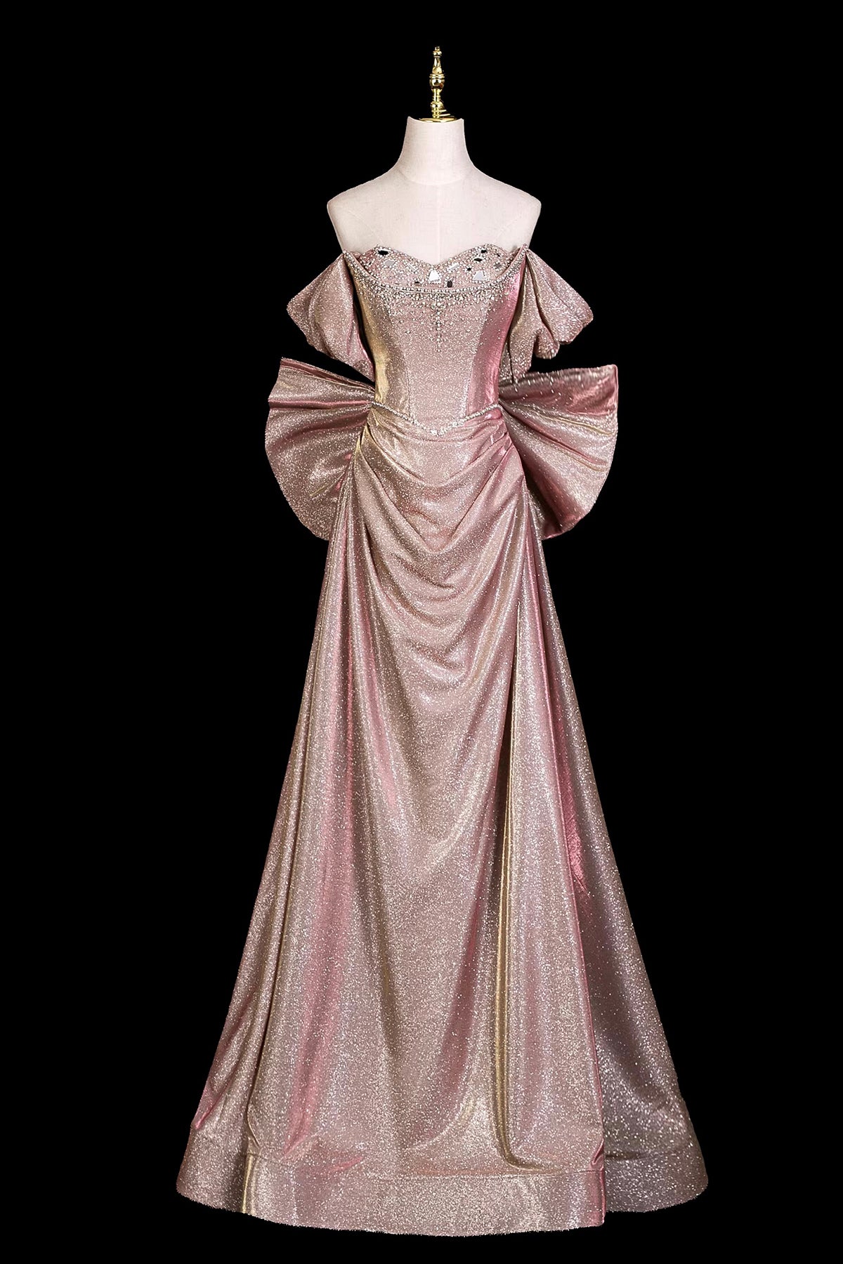 Sparkly Dusty Pink Ball Gown, Off the Shoulder Floor-Length Evening Dress