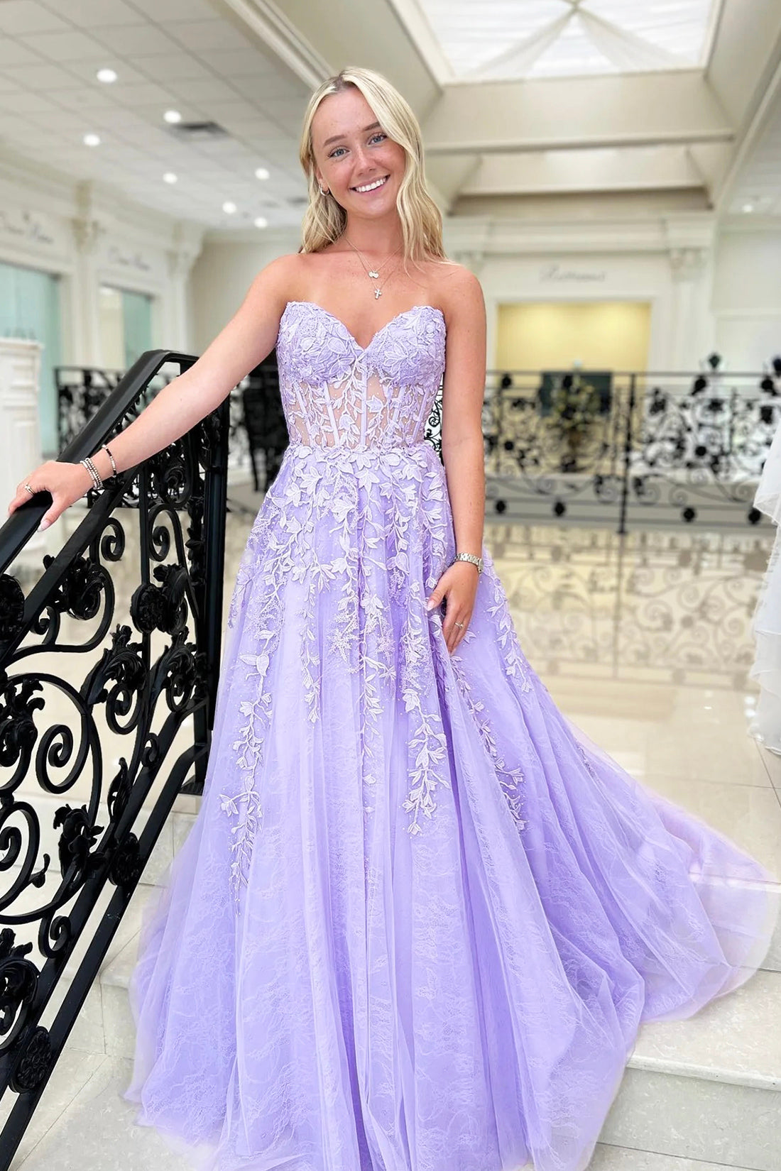 Lavender Appliques Lace-Up Tulle Party Dress, Beautiful A-line Prom Dress