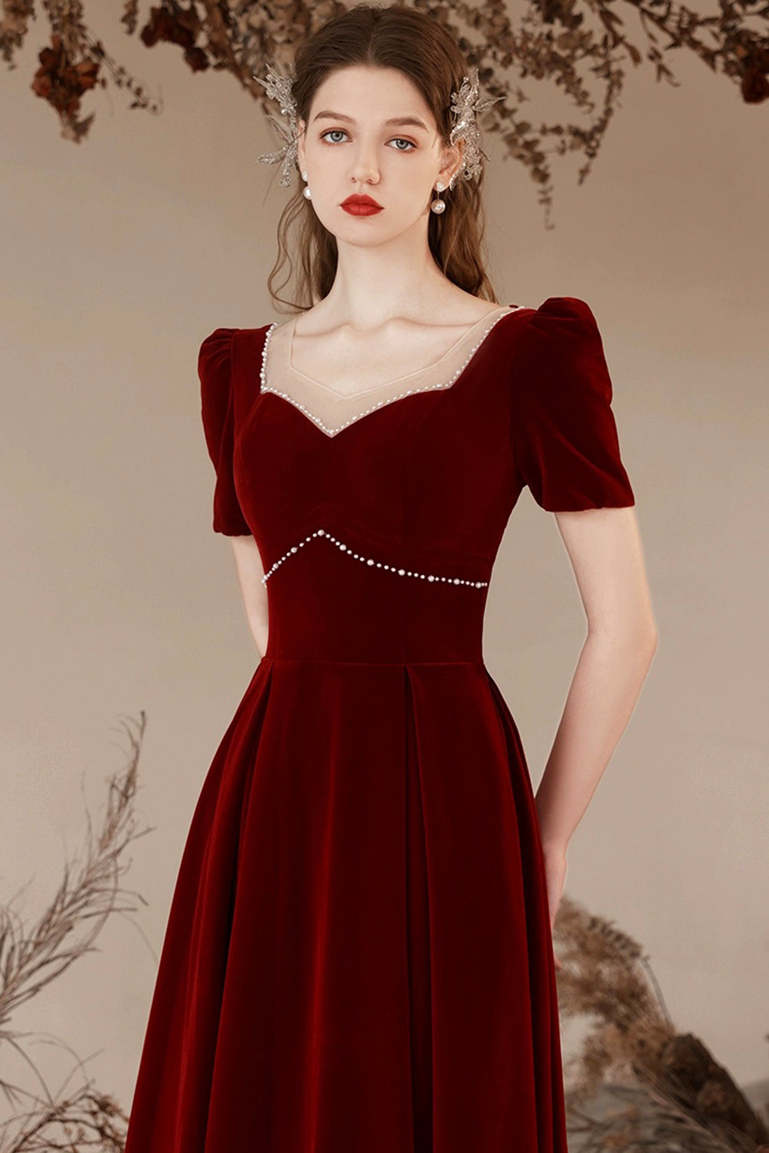 Burgundy Velvet Long Prom Dress with Pearls, Burgundy Elegant Evening Dress