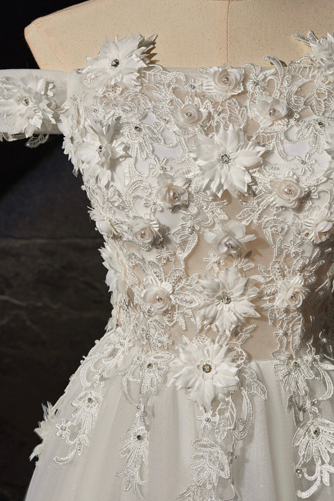 White A-line Off the Shoulder Flowers and Tulle Formal Dress, Beautiful Long Evening Party Dress