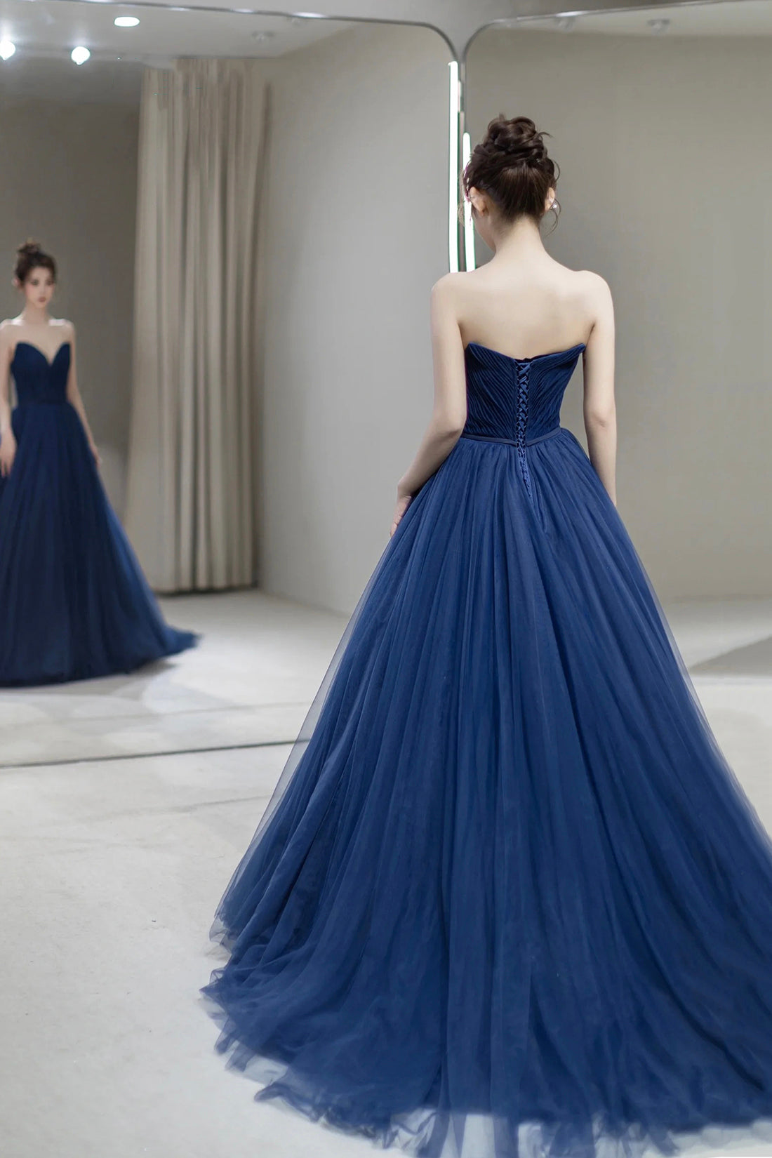 Blue Strapless Tulle Long Formal Dress, A-Line Sweetheart Neckline Eve Blue Strapless Tulle Long Formal Dress, A-Line Sweetheart Neckline Eve